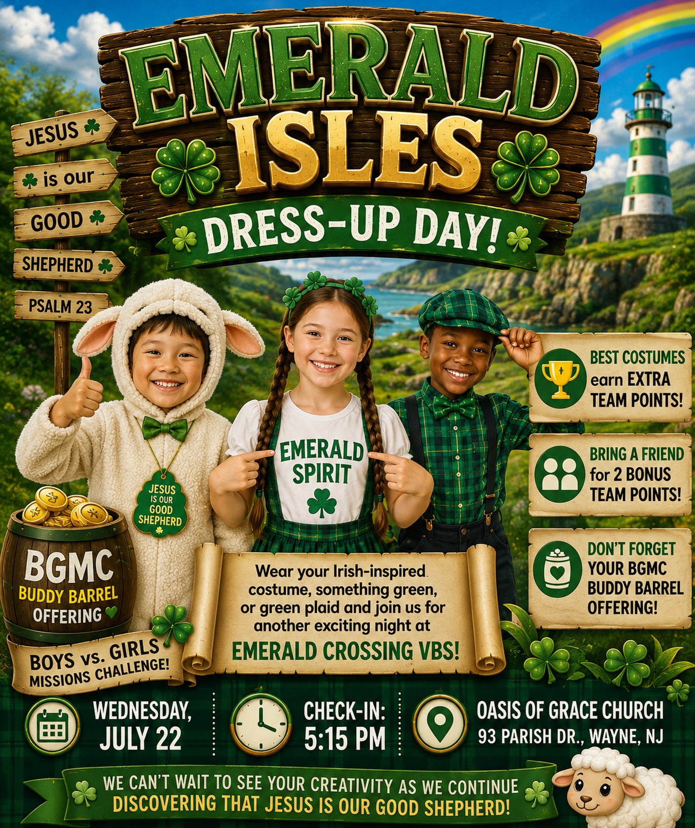 ☘️ EMERALD ISLES DRESS-UP DAY! ☘️
Today’s the day to show off your Emerald Isles spirit! 🇮🇪💚
Wear a farm animal costume, your Irish-inspired costume, something green, or green plaid and join us for another exciting night at Emerald Crossing VBS!
🏆 Best costumes earn EXTRA TEAM POINTS!
👥 Bring a friend for 2 bonus team points!
🛢️ Don’t forget your BGMC Buddy Barrel offering as the Boys vs. Girls missions challenge continues!
📅 Wednesday, July 22
🕠 Check-in: 5:15 PM
📍 Oasis of Grace Church
93 Parish Dr., Wayne, NJ
We can’t wait to see your creativity as we continue discovering that Jesus is our Good Shepherd! 🐑☘️
#EmeraldCrossingVBS #DressUpDay #Psalm23 #OasisOfGraceChurch #WayneNJ VBS2026
