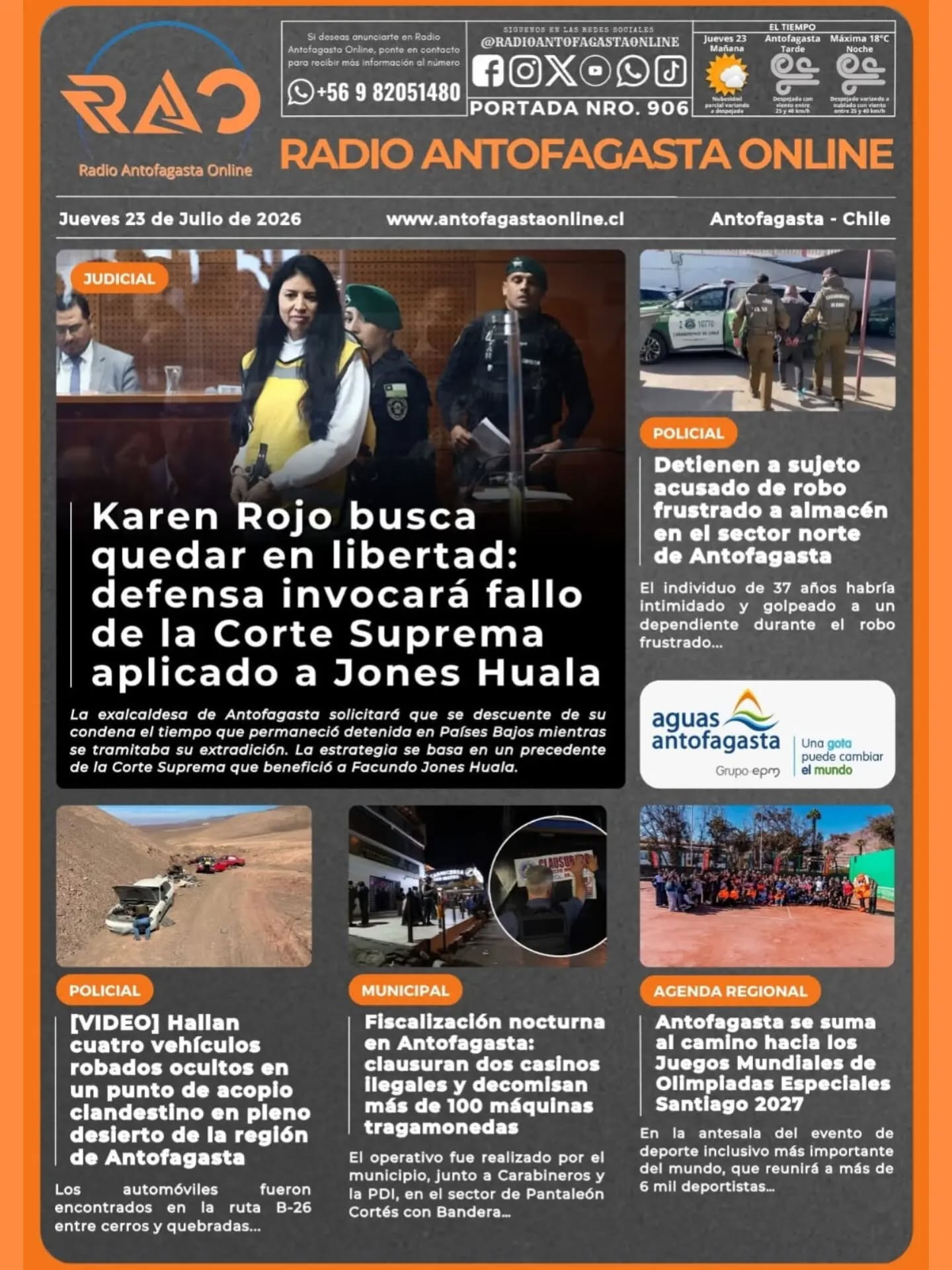 #TitularesRAO | Portada N°906 de Radio Antofagasta Online para hoy jueves 23 de julio de 2026.