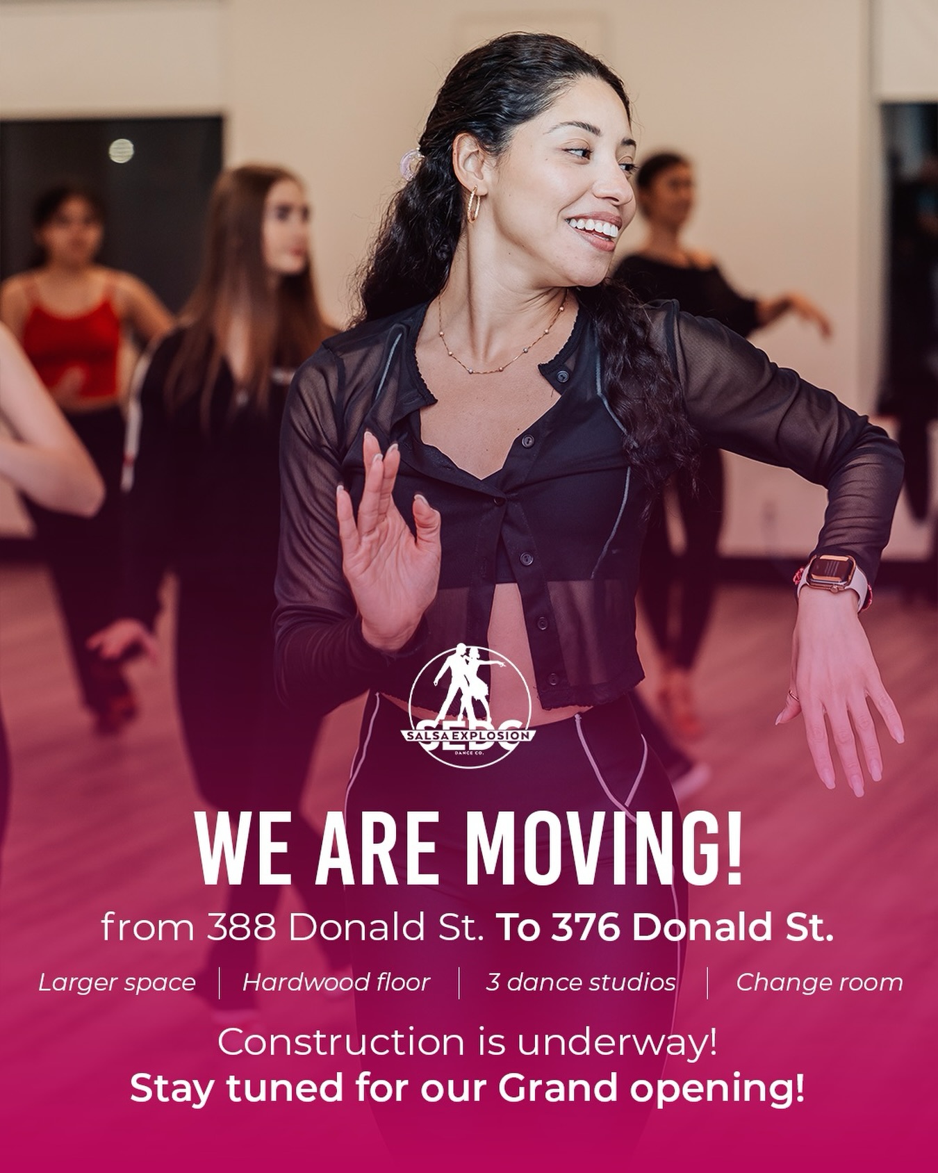 Big news... Salsa Explosion is MOVING! 🎉
We’re so excited to welcome you to our new home at 376 Donald St.
This new space means more room to grow, train, and create unforgettable memories together. Get ready for:
* A larger space
* Beautiful hardwood floors
* 3 dance studios
* A dedicated change room
* And so much more to come!
Construction is officially underway, and we can’t wait to open our doors and share everything we’ve been working on with you.
Thank you to our incredible dance family for growing with us. This is just the beginning of an exciting new chapter for Salsa Explosion! ❤️
Stay tuned for grand opening details and behind-the-scenes updates! 💃🔥
#SalsaExplosion #WeAreMoving #NewStudio #GrandOpening #WinnipegDance DanceFamily