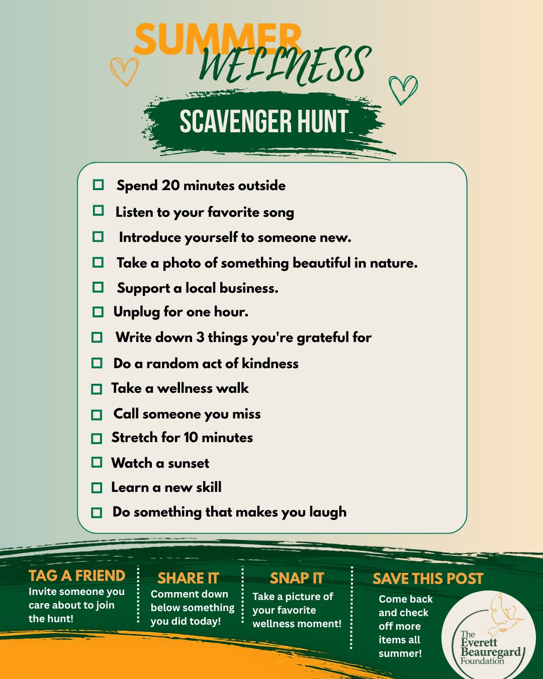 Sometimes wellness is found in the little things. This week, challenge yourself to find moments that help you slow down, recharge, and appreciate the world around you.
How many items can you check off the list? Invite a friend or family member to join you and make wellness part of your summer adventure.
#EBFCommunity