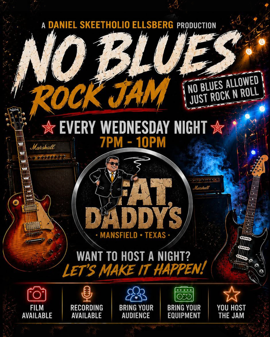 No Blues ROCK JAM!!
Every Wednesday @ 7PM
presented by: Daniel Skeetholio Ellsberg
🔥Film Available
🔥Recording Available
🔥Bring Your Audience
🔥Bring Your Equipment
-or-
🔥HOST THE JAM!
Intermediate Level Musicians
WELCOME!!
Let's JAM!!
#noblues #rockandroll #jam #jamsession #letsjam #letsgo #rocknroll #justrocknroll #rockon #jamming #jammin #rockrockrock #playlive #bands