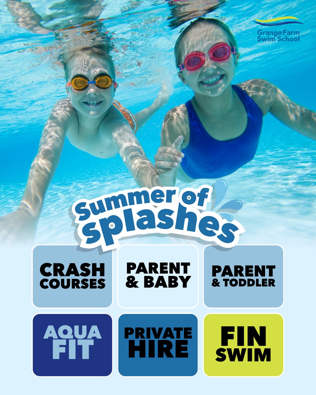 Looking for ways to keep the children active this summer?☀️
Amazing news... we still have limited availability for our holiday classes!
Whether you're looking to help your child gain confidence in the water, continue their swimming journey, or simply enjoy some family fun, we'd love to welcome you to Grange Farm Swim School.
This summer, we have availability for:
Crash Courses – A great way to boost confidence and accelerate progress (max. 4 children)
Parent & Baby Classes – Precious bonding time while introducing little ones to the water.
Parent & Toddler Classes – Fun, engaging sessions designed to build confidence through play.
Aqua Fit – A low-impact, full-body workout in the pool.
Private Pool Hire – Enjoy exclusive use of the pool with our giant inflatables for the whole family!
Our holiday sessions are always popular, so if you've been thinking about booking, now's the perfect time.
Get in touch or book online today to secure your place before they're gone: bookwhen.com/holiday-lesson-bookings
We can't wait to see you at the pool this summer! 💙