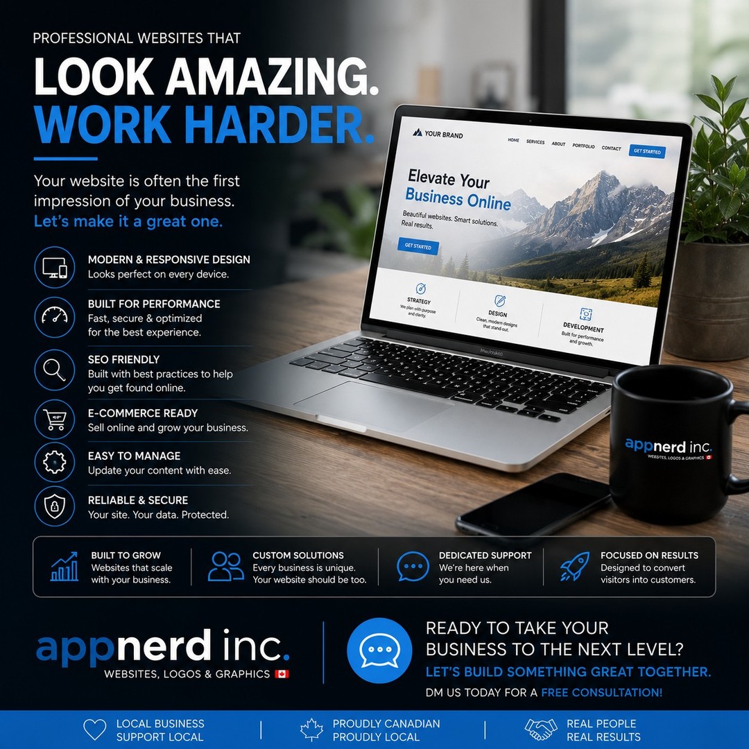 🚀 Your website isn't just a website. It's your best salesperson.
Your customers are already searching online. The question is...
What do they find when they find you?
At AppNerd Inc., we build custom websites that are designed to make a lasting first impression, build trust, and help turn visitors into loyal customers.
Whether you're launching a new business, refreshing an outdated site, or expanding into e-commerce, we'll create a website that's built around your goals and your brand.
💻 Custom Website Design
📱 Mobile-Friendly & Fully Responsive
⚡ Fast, Secure & Optimized for Performance
🛒 E-Commerce Solutions
🔍 SEO Best Practices
🤝 Ongoing Local Support
🇨🇦 Proudly Canadian. Proudly Local.
Every website is custom-built with your business in mind because we don't believe in one-size-fits-all templates. We work closely with local businesses to create websites that don't just look incredible, they deliver real results.
If you're ready to elevate your online presence, let's build something amazing together.
📩 Send us a message today for a FREE consultation.
#WebDesign #WebsiteDesign #WebsiteDevelopment #CustomWebsites #SmallBusiness #BusinessGrowth #Entrepreneur #SupportLocal #ShopLocal #CanadianBusiness #ResponsiveDesign #EcommerceWebsite #SEO #DigitalMarketing #Branding #AppNerdInc #NewmarketOntario #YorkRegion #WixStudio #ProfessionalWebsites