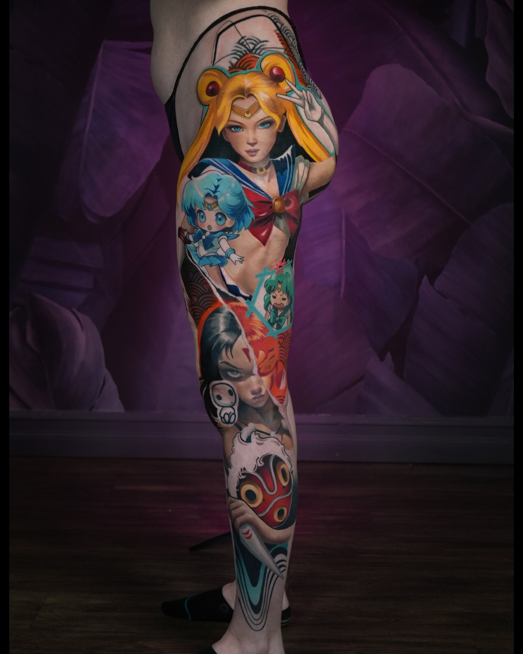 #Sailormoon and #princessmononoke leg sleeve. Some bits are fresh, some healed