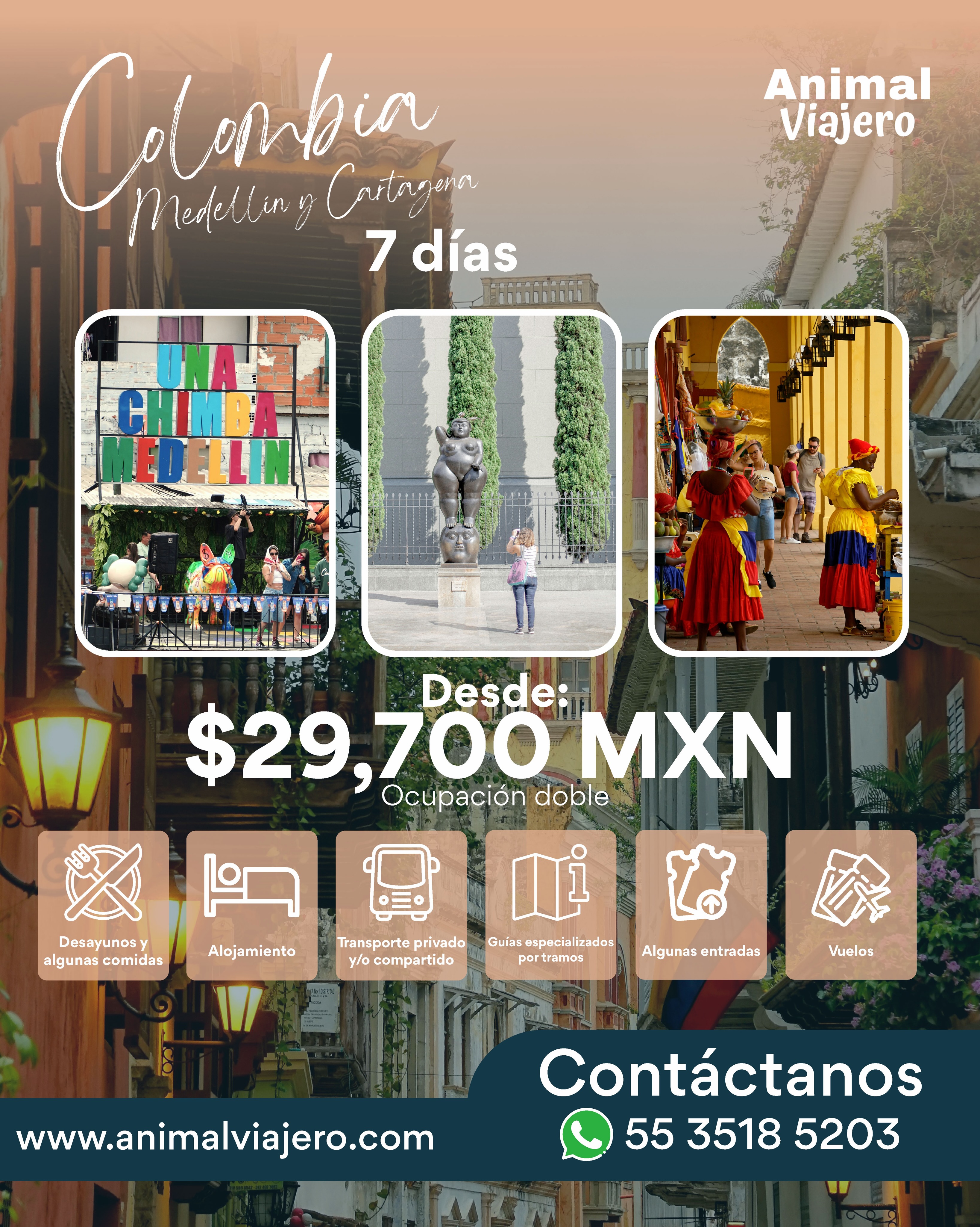 Imagina recorrer las calles llenas de historia de Cartagena, sentir la energía de Medellín y descubrir por qué este país conquista a todos los que lo visitan.
🌴 Cultura, gastronomía, color y experiencias que recordarás para siempre.
📍 Medellín + Cartagena
🗓️ 7 días
💰 Desde $29,700 MXN por persona en ocupación doble.
¿Listo para que tu próximo sello en el pasaporte sea Colombia? 🇨🇴
📲 Escríbenos por WhatsApp y aparta tu lugar antes de que se agoten las fechas.
#animalviajero #viajeros #viajesacolombia