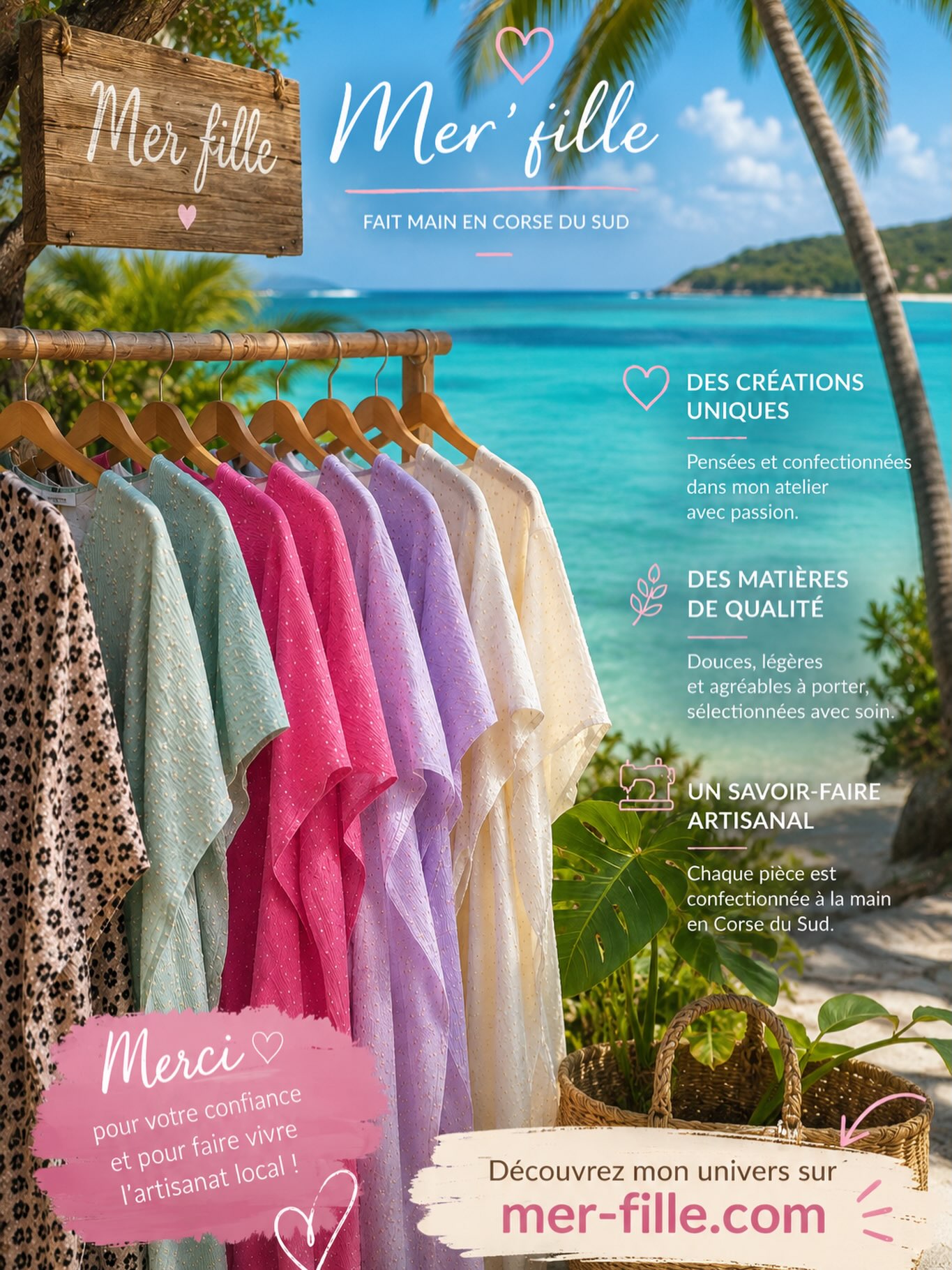✨ Pourquoi commander directement sur mon site ?
Chaque commande passée sur mer-fille.com est un véritable soutien à mon atelier et à l’artisanat français.
En commandant directement sur mon site, vous participez à faire grandir une petite entreprise indépendante, où chaque création est imaginée et confectionnée avec passion, à la main, en Corse du Sud.
C’est aussi l’occasion de découvrir toute la collection, les nouveautés en avant-première et de profiter d’une relation plus directe avec moi.