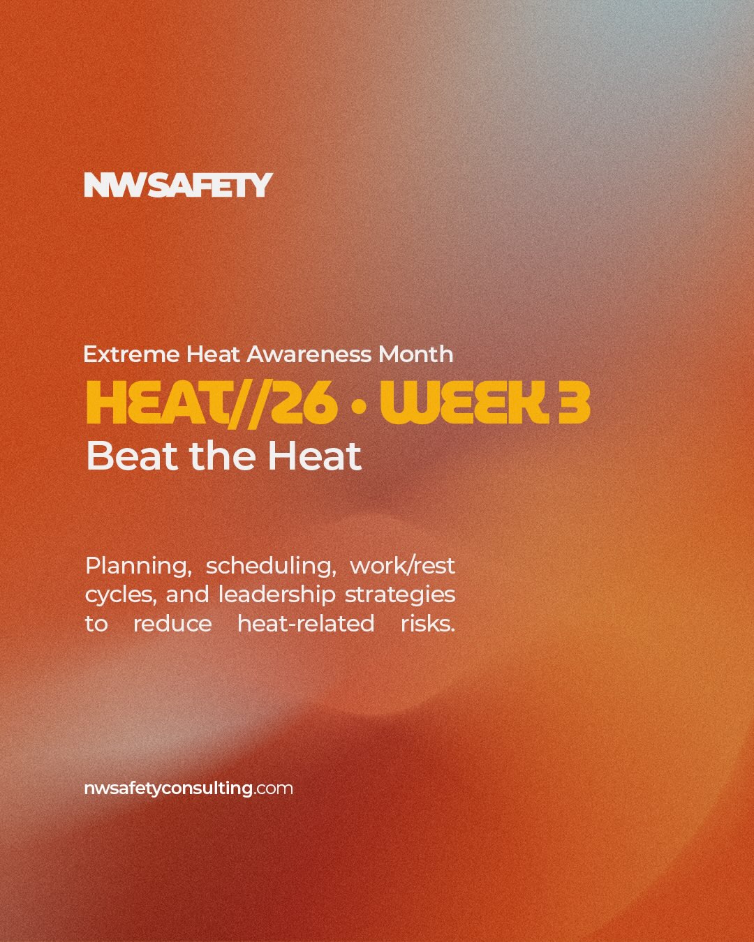 The safest crews don’t just work harder, they work smarter. 👷🏽💪🏽
During extreme heat, the plan matters. Adjust schedules, protect recovery time, use shade, and keep an eye on heat conditions.
Beat the heat. Protect the Team.
#HEAT26 #HeatSafety #SafetyFirst #NWSafety