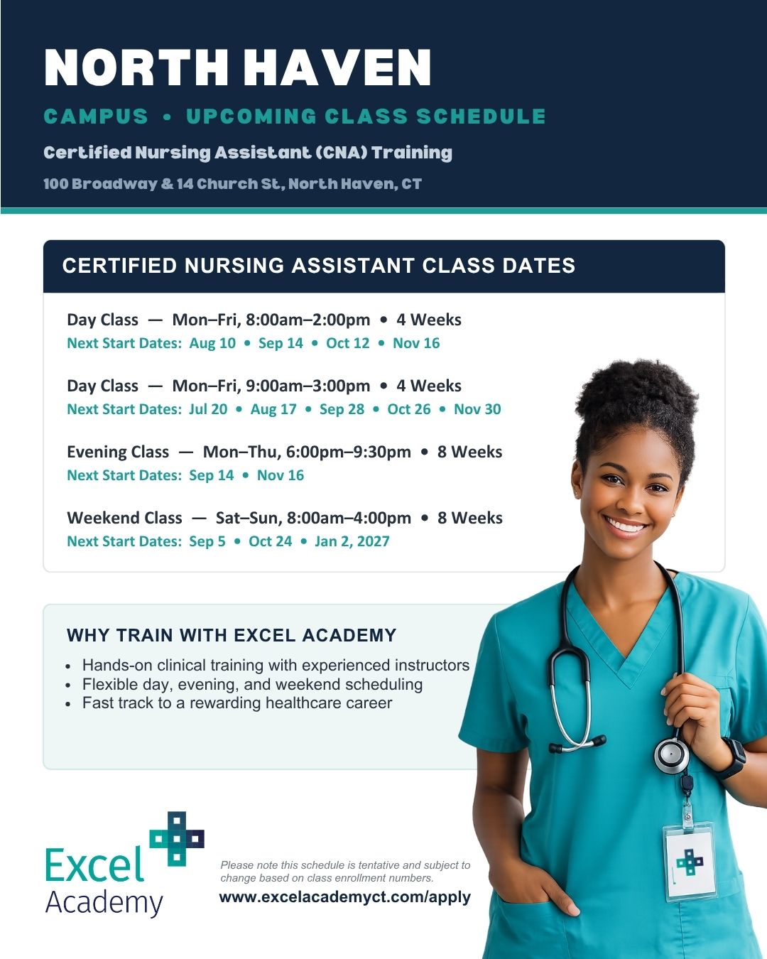 A new career can start sooner than you think! ⠀
⠀
Our North Haven CNA program offers hands-on training and flexible class schedules to help you move forward without putting your life on hold. Our upcoming classes are enrolling now. ⠀
⠀
We would love to see you on August 10 at 8am for our 4 week course. Secure your spot by visiting the link in our bio! ⠀
⠀
#cnatraining #northhavenct #excelacademy #healthcareeducation #newcareer