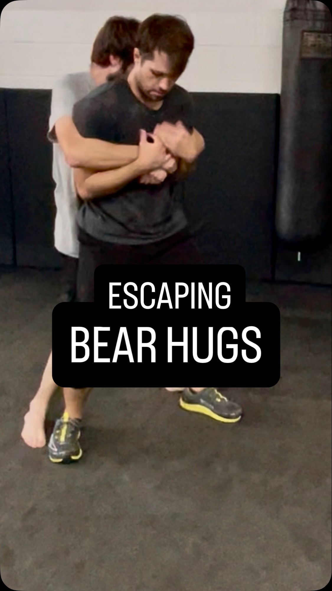 Escape BEAR HUGS, a very common attack!
Remember to keep your weight low.
This is worth training OVER and OVER again since it is such a frequently occurring self-defense encounter.