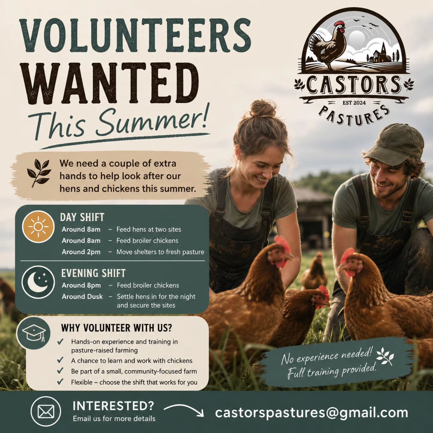 Volunteer(s) wanted this summer! 🙋♀️🙋
We have a new little family member arriving at Castors Pastures very soon - so we're looking for a volunteer (or two!) to help look after our hens and broiler chickens through August and September (and if you really love it, you're very welcome to stay on for longer!).
It's a genuinely lovely way to spend part of your week: outdoors, hands-on, and a real window into pasture-raised, regenerative farming.
No experience needed; we'll show you everything.
The key bits:
🌱 Two sites in Castor - Thorolds Paddock and our field behind the church
🕗 A day shift and an evening shift - take whichever suits you, or both!
⏳️ Training can start immediately, or by the latest around 7th Aug
📅 August-September cover, with the option to carry on
🎓 Full training given
✅ You'll need to be 16 or over and the evening shift is for over-18s only
If you've ever wanted to learn where good food really comes from, or simply fancy spending more time around a happy flock, we'd love to hear from you.
Interested or have some questions?
📩 Email us at castorspastures@gmail.com and we'll tell you more about it.
Please state: Your preferred start date, preferred shift (AM, Evening or Both) & a contact number.