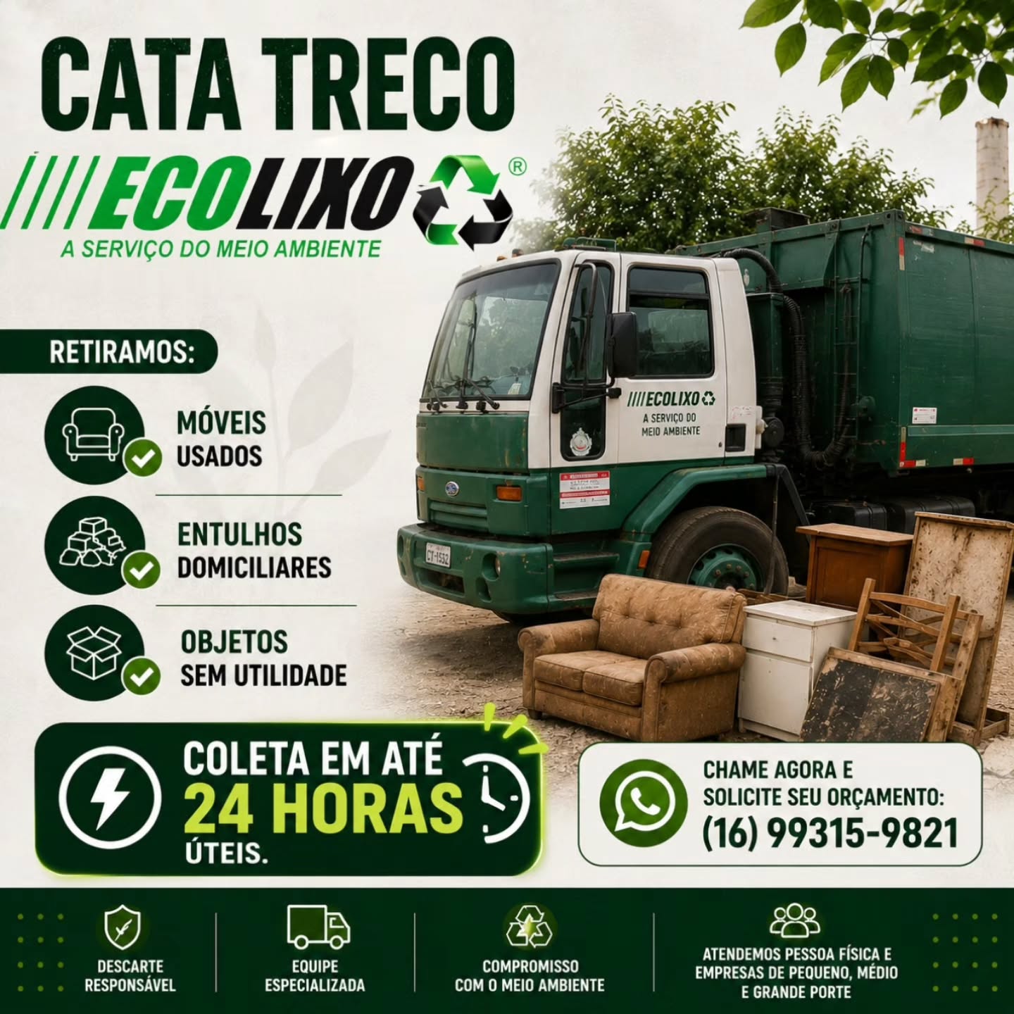 🛋️ Tem móveis velhos, entulho ou objetos sem utilidade ocupando espaço? A Ecolixo resolve isso para você!
Nosso serviço de Cata Treco é rápido, seguro e realizado com responsabilidade ambiental.
✔️ Retirada de móveis usados
✔️ Entulhos domiciliares
✔️ Objetos sem utilidade
⚡ Coleta em até 24 horas úteis, para você não perder tempo.
📲 Solicite seu orçamento pelo WhatsApp: (16) 99315-9821
♻️ Ecolixo — A serviço do meio ambiente.
#Ecolixo #CataTreco #ColetaDeResíduos #DescarteConsciente #FrancaSP