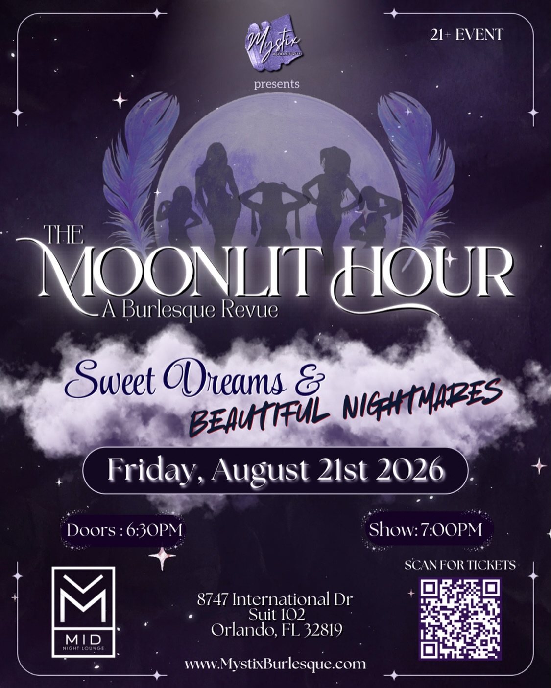 🌙 MOONLIT HOUR - Sweet Dreams & Beautiful Nightmares ☁️
Friday, August 21st 2025
📍 @midnightloungeorl
This show is built with intention: to create an immersive night where glamour feels like a spell, and every act is its own portal. You’ll experience dreamy, intoxicating numbers that feel soft and surreal… and acts from your nightmares that lean darker, bolder, seductive, rebellious, more intense & impossible to forget.
What makes MOONLIT HOUR different is that it’s designed to evolve & grow! We’re so excited for what’s to come!
Each show brings new elements, new surprises, and new themes…. A rotating cast, fresh specialties, different energies, and unexpected moments woven into the night. Same universe. New chapter. Every time.
🎟️ Tickets on Sale NOW!
Link in our Bio 🔗 or
MystixBurlesque.com
✨ *NEW* You can now choose your seating for all VIP & PRIME Tables! Limited tables available so be sure to grab them NOW! Don’t wait!
📧 Make sure to sign up to our email list on our website so you can be the first to get updates, special discount codes and more!