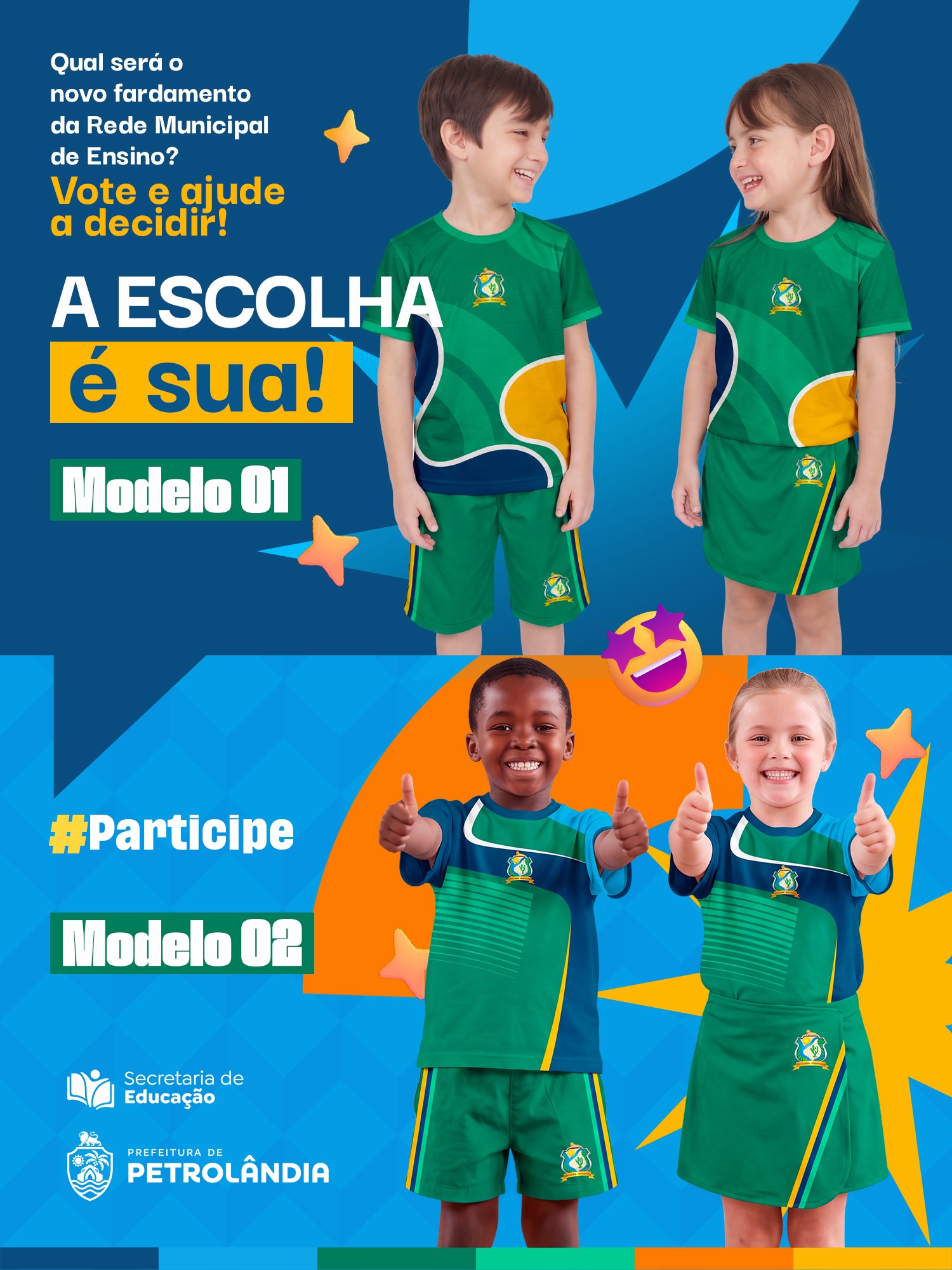 ✨ Nosso novo fardamento ficou lindo… mas a escolha é com vocês! 👕💙
Chegou a hora de participar!
Preparamos duas opções para o novo fardamento da Rede Municipal de Ensino e queremos saber qual delas representa melhor os nossos estudantes.
🗳️ Vote na enquete deste post e ajude a escolher o uniforme que fará parte do dia a dia da nossa rede.
Sua participação faz toda a diferença. Vamos decidir juntos?