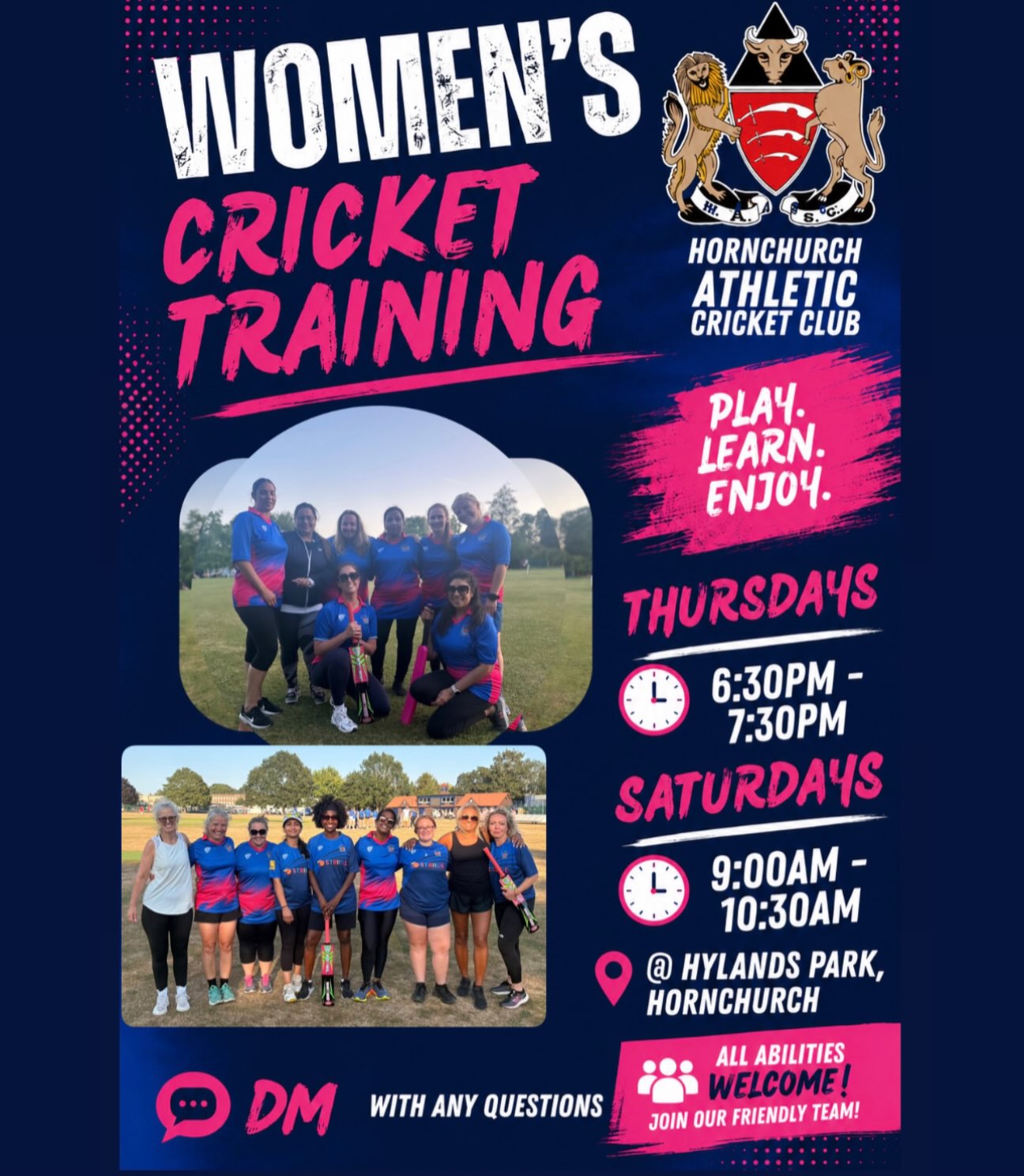 🏏 Looking for a new team? Come and join the women’s team at Hornchurch Athletic Cricket Club! 💙
Whether you’re an experienced player or completely new to cricket, you’ll find a fun, friendly, and welcoming group that’s growing every season. Come for the cricket, stay for the laughs and great teammates!
Drop us a message or come along to a training session – we’d love to have you! 💪✨