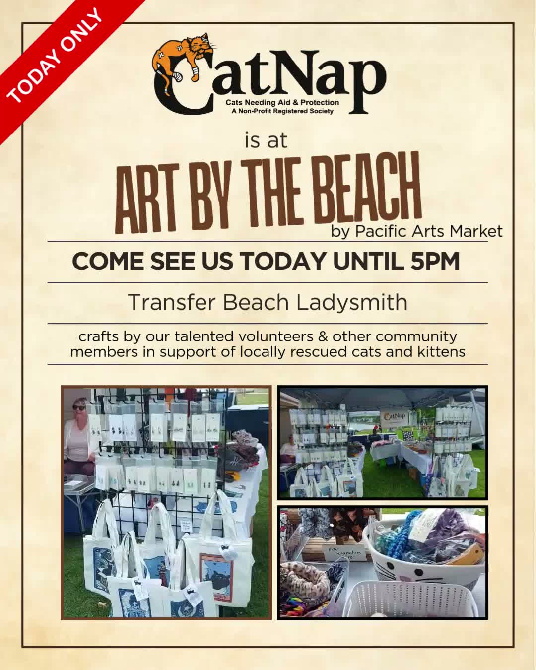 CatNap is at @pacific_arts_market 's Art by the Beach event today at Transfer Beach in Ladysmith until 5pm.