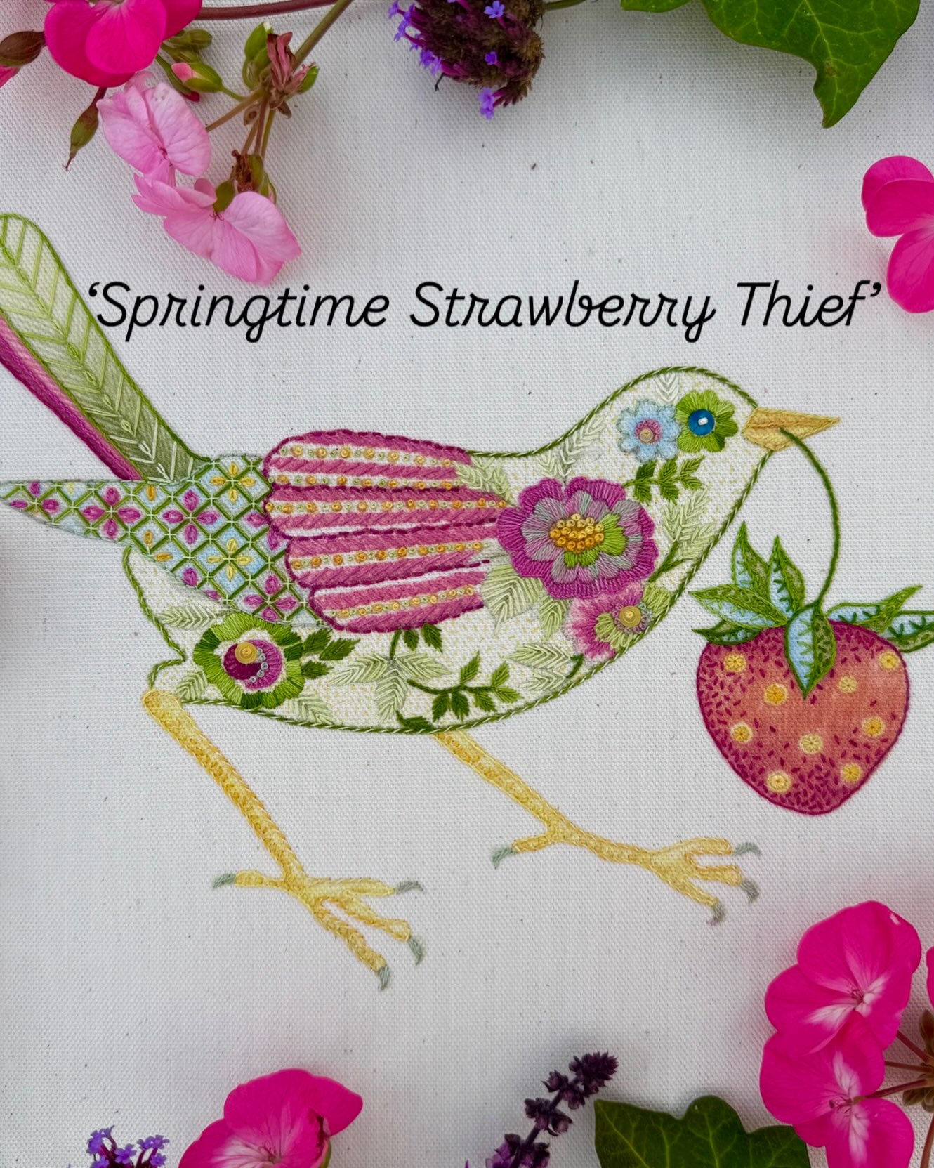 Surface embroidery project ‘Springtime Strawberry Thief’ was a smash hit at the embroidery workshop in Higham Hall this week. I loved seeing how all my students made it their own and enjoyed working with a variety of loop stitches to great effect #nicolajarvisstudio #thehandpaints #strawberrythief #williammorris #embroidery