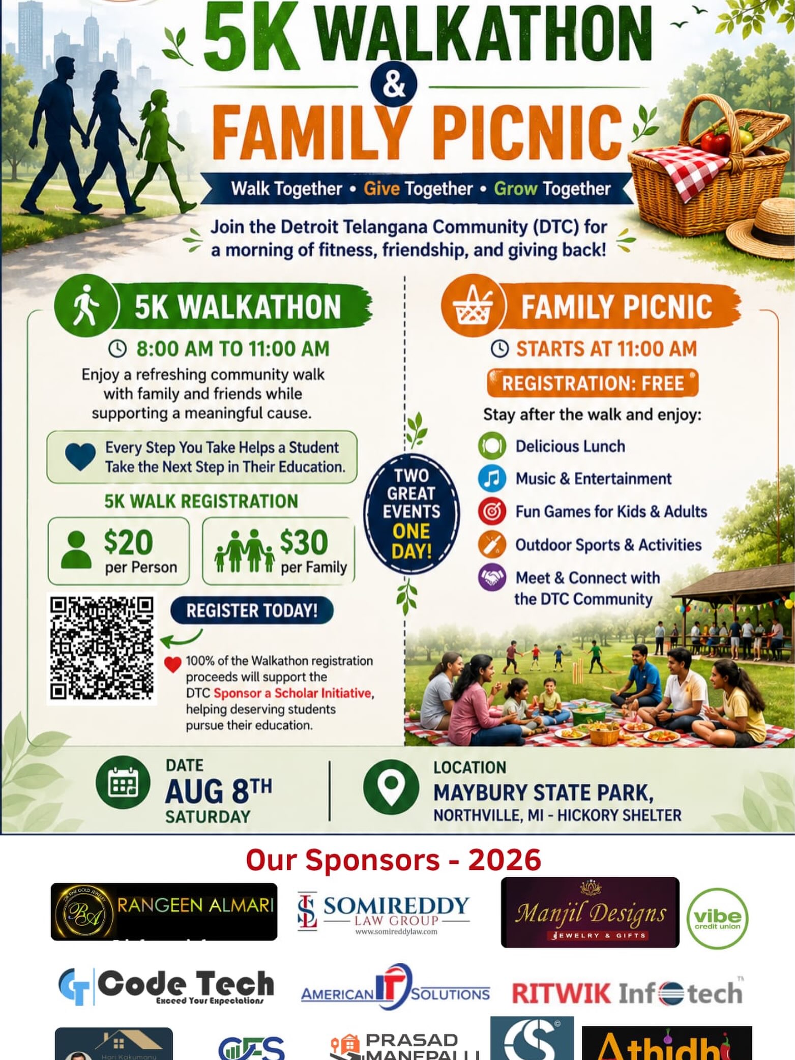 🏃♂️ *DTC 5K Walkathon & Family Picnic – Register Today!* 🌳
Dear *DTC Family*,
Join us for a morning of fitness, fun, and community while supporting a meaningful cause.
📅 *Saturday, August 8*
⏰ *Walkathon: 8:00–11:00 AM*
🧺 *Family Picnic: Starts at 11:00 AM*
📍 *Maybury State Park, Northville*
💚 Every registration supports the DTC Sponsor a Scholar Initiative to help deserving students pursue their education.
5K Walk Registration: $20/person | $30/family
Picnic Registration: Free
📲 Please scan the QR code on the flyer or use link below to register today.
https://www.dtcusa.org/event-details/dtc-walk-and-picnic-2026
Bring your family and friends, and let’s Walk Together • Give Together • Grow Together! 🌟