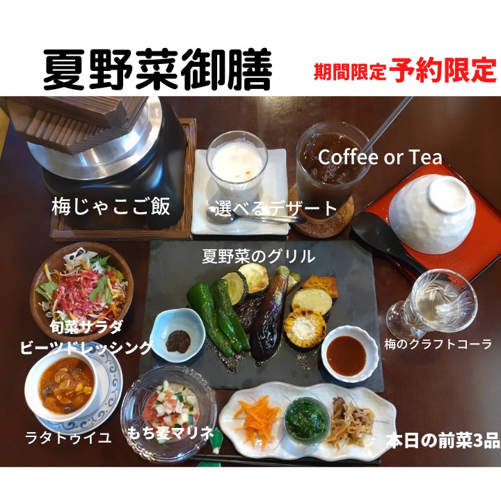 8月は、夏野菜お膳が始まります。
8/4~9/1までの期間限定です。
一日限定10食です。
お値段は、昨年と同じ3300円です。
夏野菜のグリルは、その日に採れた野菜が中心なので、中身が変わります。
つけだれは、醤油糀とやさまる特製焼き肉のたれです。
ご飯は、基本は梅じゃこご飯ですが、ビーガンの方は、梅干しと紫蘇のご飯に変更可能です。ご飯は1合なので、食べきれなかったら、お持ち帰り可能です。
他のメニューはビーガン対応です。
今回は少し期間が長いですが、8/17~24は夏季休業をいただきます。
ご予約お待ちしています。