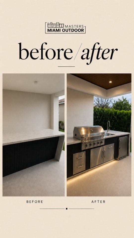 From an empty patio to a luxury oasis. ๐ด Designed to last and built for enjoying the Miami sun. โ๏ธ ๐ฉ DM us for a quote for your space. #MiamiOutdoorKitchens #beforeandafterpics