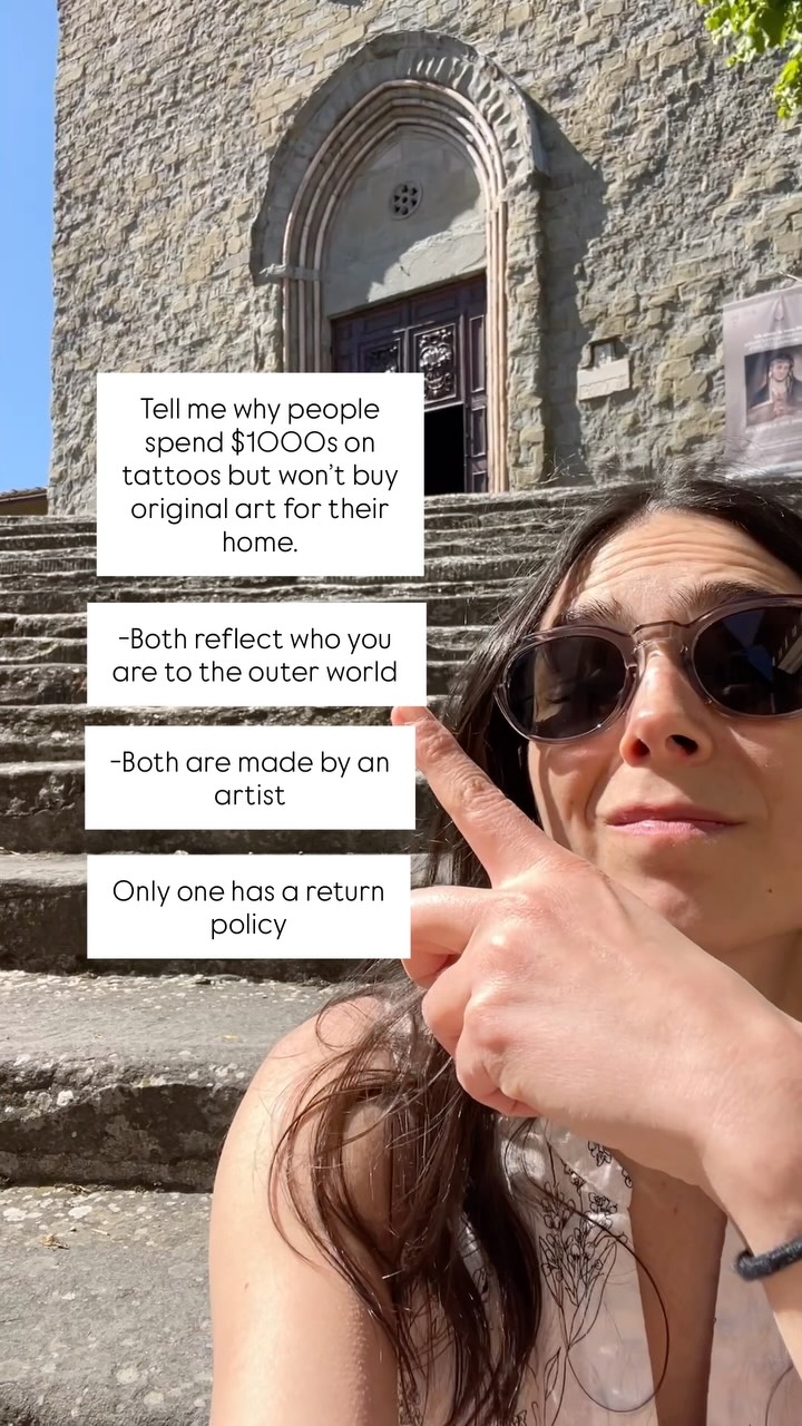 😱I truly don’t understand how the same people who say art is too expensive have hundreds if not thousands of dollars of tattoos on their body.
Guys, what’s the difference? 🤷🏻♀️Seriously, I want to know- why are you so willing to pay for art on your skin but not on your walls?
👉Tell me in the comments!
#tellmewhy #artistinitaly #makesnosense #dreamtattoos #inkfever