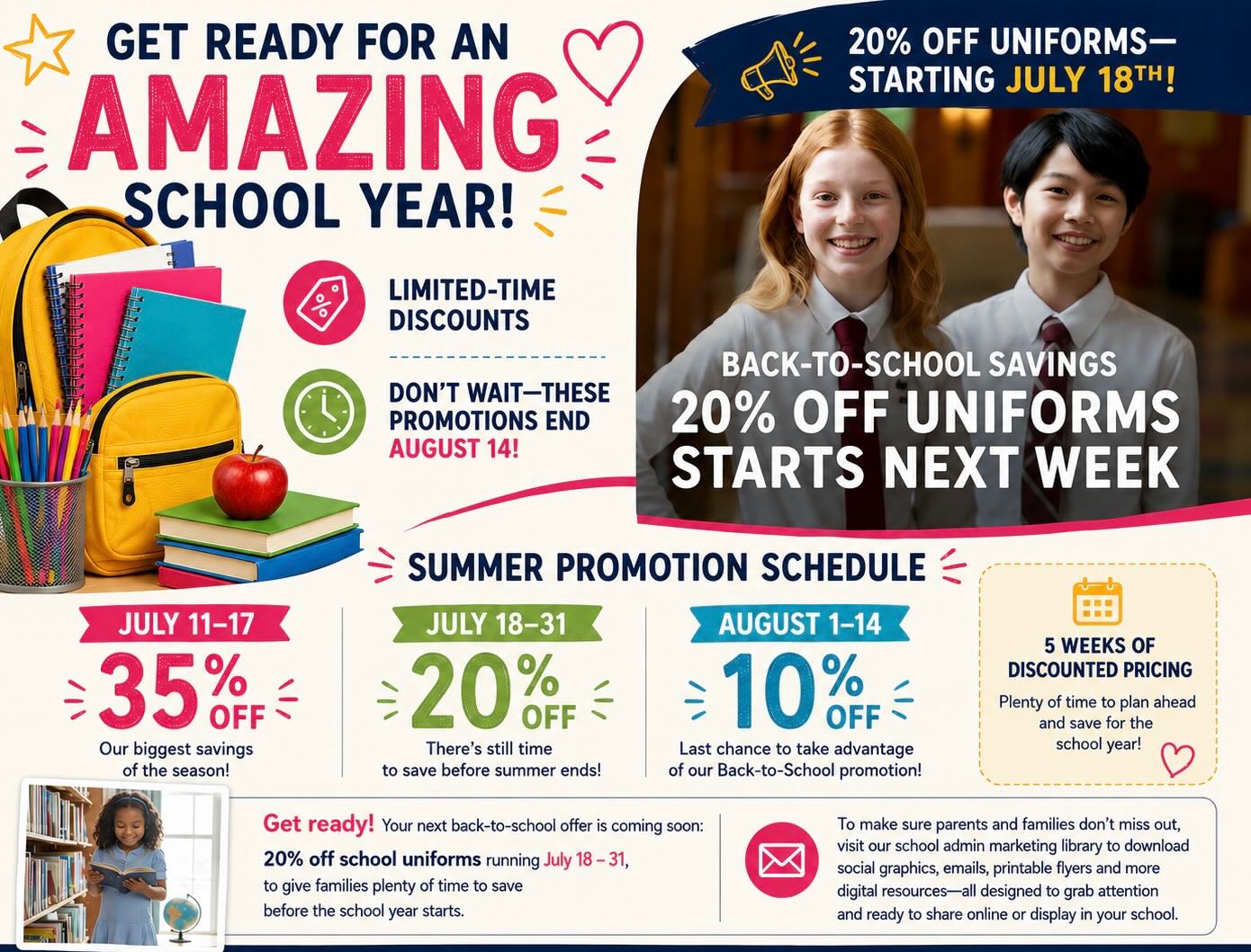 ☀️ We hope everyone is having an amazing summer! 🌴😎
As you enjoy these last weeks of summer, it’s also the perfect time to start getting ready for the new school year! 🎒📚
✨ Save on Lands’ End School Uniforms with our limited-time promotions:
🛍️ July 18–31: 20% OFF
🛍️ August 1–14: 10% OFF
🎉 Starting July 18, save 20% on school uniforms! Stock up early and get your students ready for a successful school year while enjoying great savings.
Don’t wait—shop early, save more, and check uniforms off your back-to-school checklist! 🍎✏️
Happy summer, Coyotes! We can’t wait to welcome everyone back to campus soon! 💙🐾
#BackToSchool #LandsEndSchool #SchoolUniforms #BackToSchoolSavings