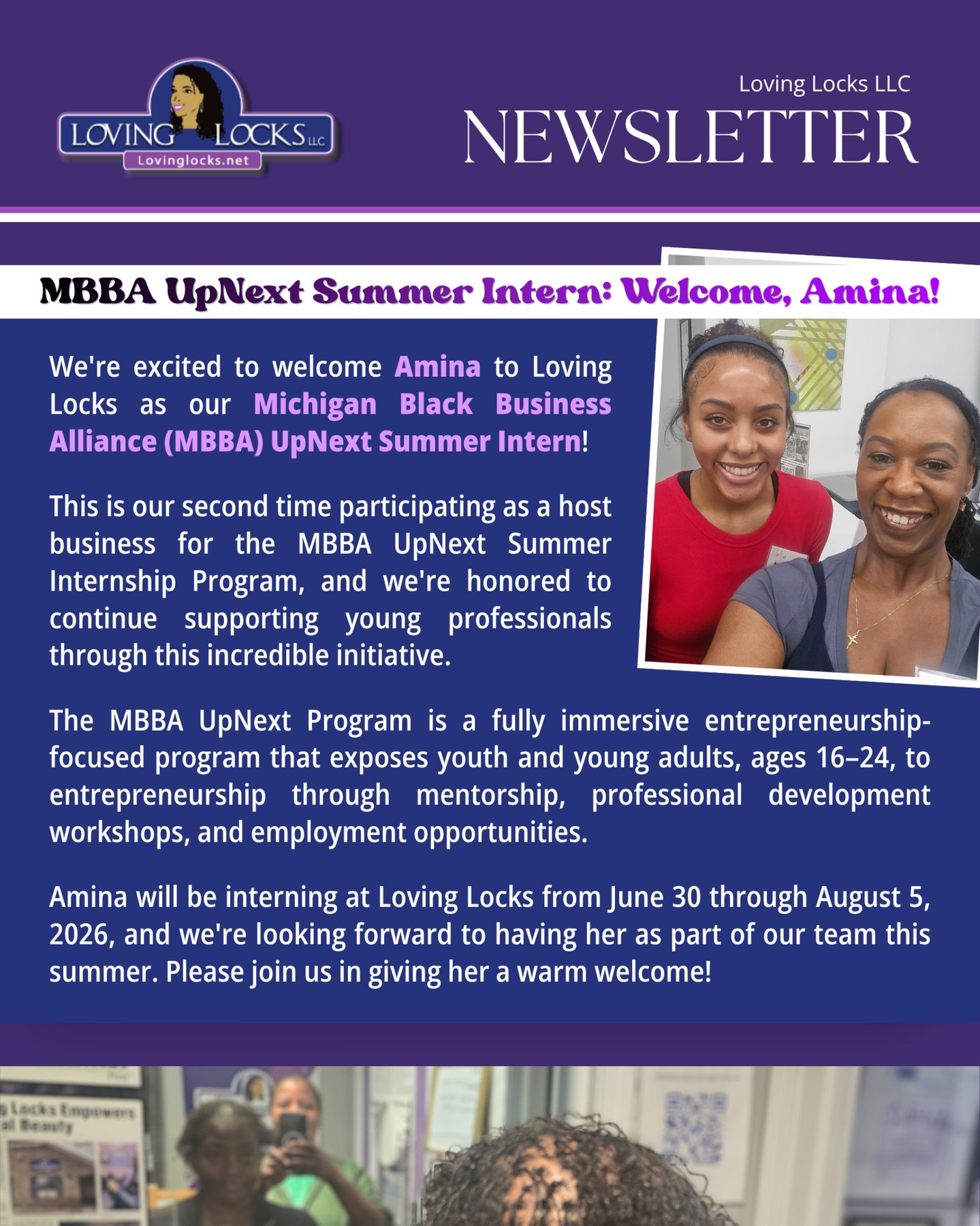Catch up on the latest from Loving Locks!
In this newsletter, we're highlighting our participation in the MBBA UpNext Summer Internship Program, celebrating our latest Official Sisterlocks® Self-Retightening Class graduates, featuring upcoming self-retightening classes, and sharing our newest blog: "How to Prepare Your Hair for Sisterlocks® Establishment."
Tap the link in our bio to read the full newsletter.