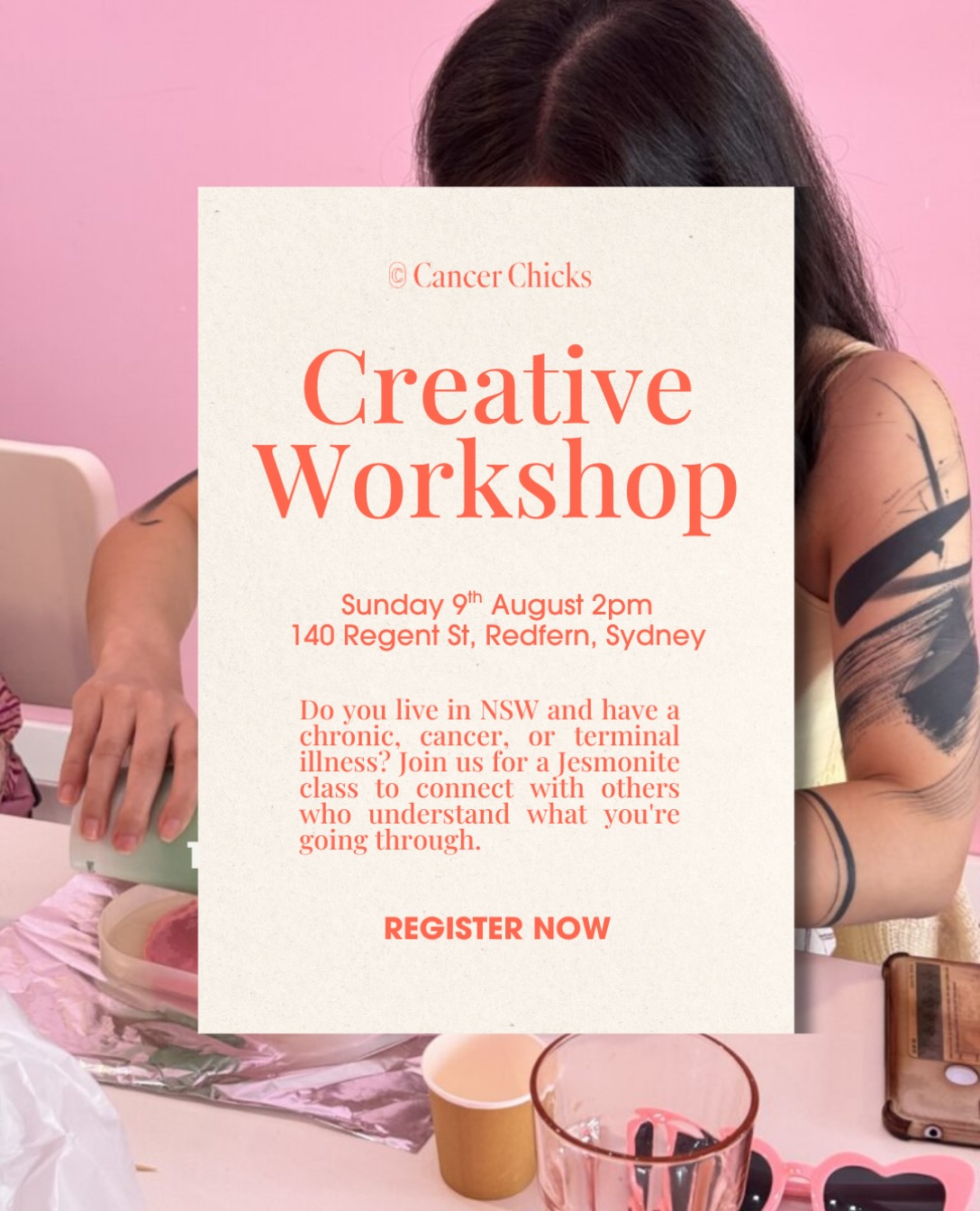 NSW chicks! Registrations are now open for our Creative Workshop! 💗
When: Sunday 9th August 2pm
Where: 140 Regent Street, Redfern, Sydney. @sydneycreativeau
Join us for a Jesmonite class where we will be creating a piece from a wide range of moulds, including coasters, trays, bowls, candle holders and more. You’ll be able to take home your piece with you!
This class is a perfect opportunity to unwind and connect with other Cancer / Chronic Chicks!
To attend, register using the link in our bio! xx
*all cancer chicks events are free!