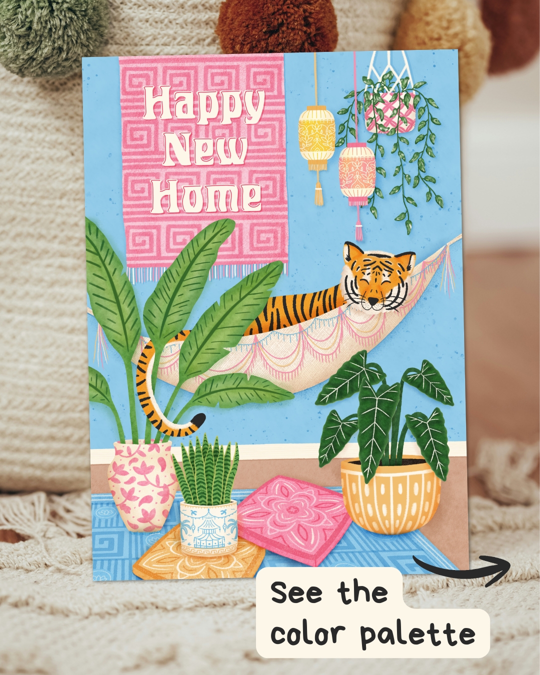 One of my favorite parts of starting a new illustration collection is creating the color palette. For this new home greeting card, I wanted to create a place you'd love to move into. A place with lots of exotic plants and colorful details.