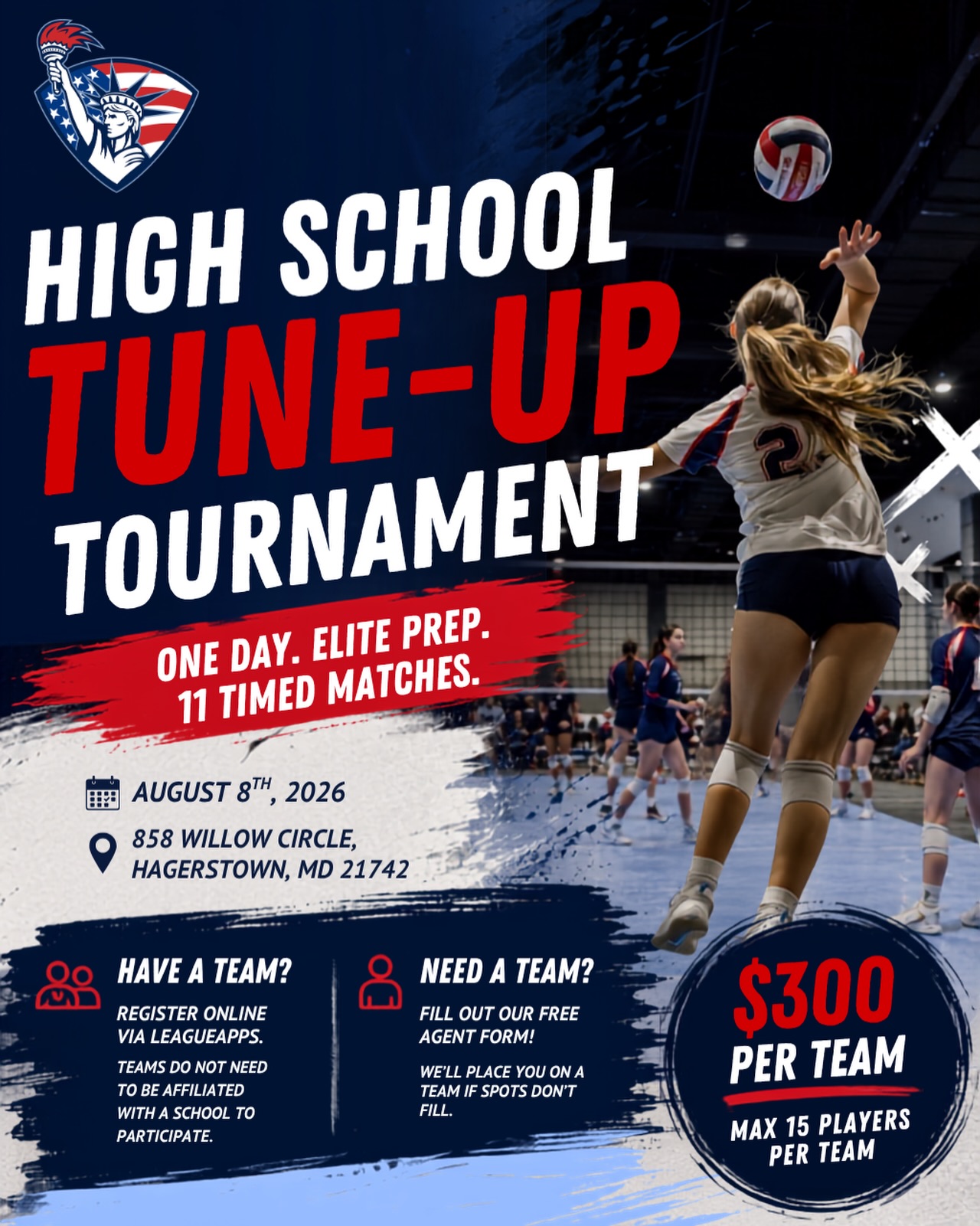 Second Annual High School Tune-Up Tournament! 🗽🏐❤️
6 spots remaining! Finalize your spot today.
Team Registration:
• Online via League Apps
• Payment online or via Zelle preferred (we can take cash/check if necessary)
• Max 15 Players per team
• Do not need to be affiliated with a school to participate
Free Agent:
• Fill out google form
• We will let you know when you are placed on a team to participate