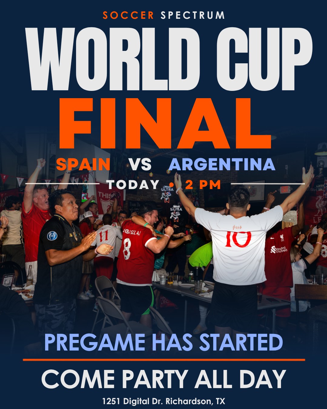 Pregame has started and we’re partying all day. Spain vs. Argentina kicks off at 2 PM. Get to Soccer Spectrum early ⚽️🔥