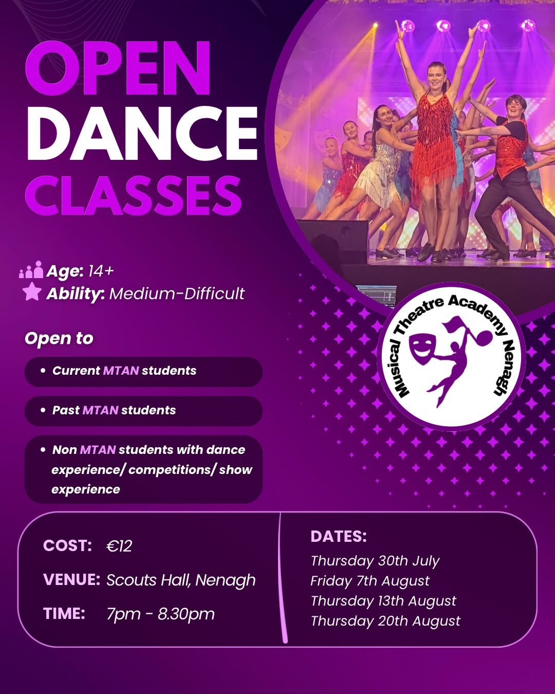 *OPEN SUMMER CLASSES*
For the month of August we have different open classes for lots of ages!
Open to current students/past students/students from other dance schools and friends.
All you need to do is drop in and pay as you go (cash only)
Each class will be made up of a warm up/stretch/technique & routine.
Classes will be ran in a workshop style, and are catered to those who have dance experience .
Can’t wait to see you all ❤️❤️❤️