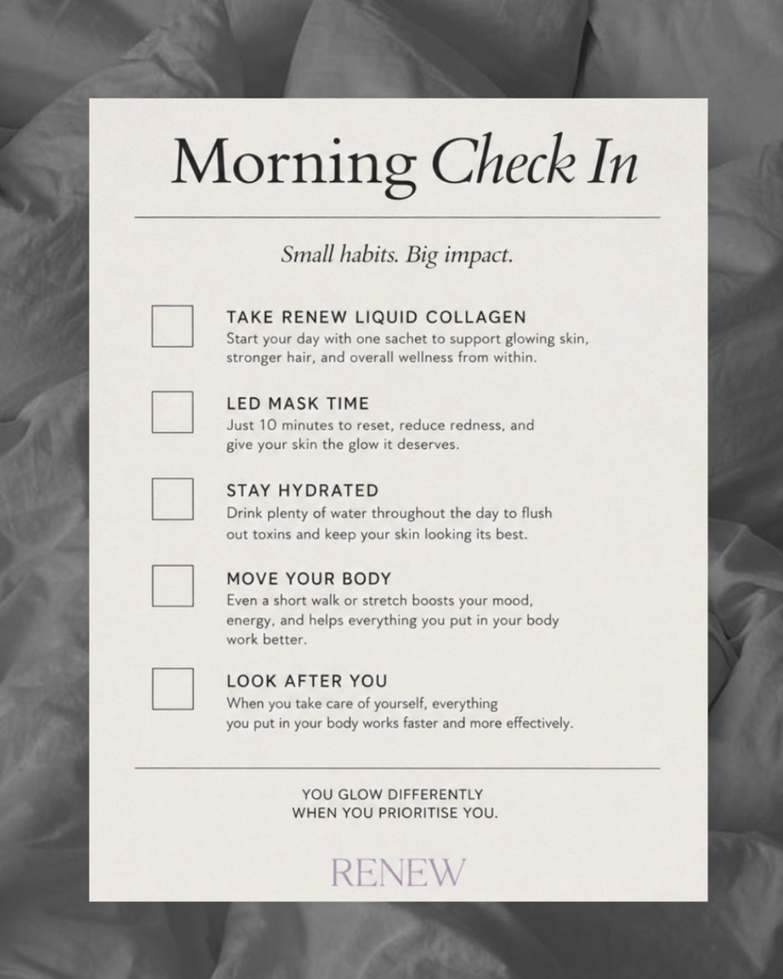 ✨ Good morning, Renew girls.
A little reminder that taking care of yourself doesn’t have to be complicated.
One sachet. One minute. Every day.