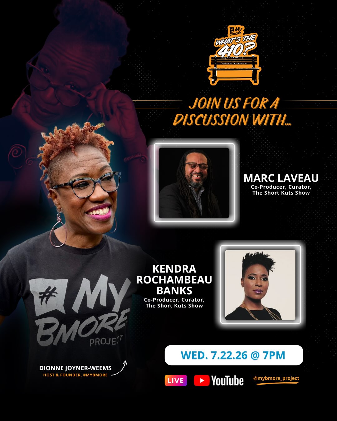 🎭 Celebrate 10 years of courageous storytelling and community at The Short Kuts Show Anniversary Celebration.
📅 Saturday, July 25
⏰ 2 PM
📍 Reginald F. Lewis Museum
🎥 Then join us TONIGHT for the full conversation w/ Marc LaVeau, and Kendra Rochambeau Banks on What’s the 410?
📅 NOW, July 22
⏰ 7PM
📍 #MyBmore Project Website & YouTube Channel
#theshortkutsshow
#whatsthe410
#dionnejoynerweems
#mybmore
