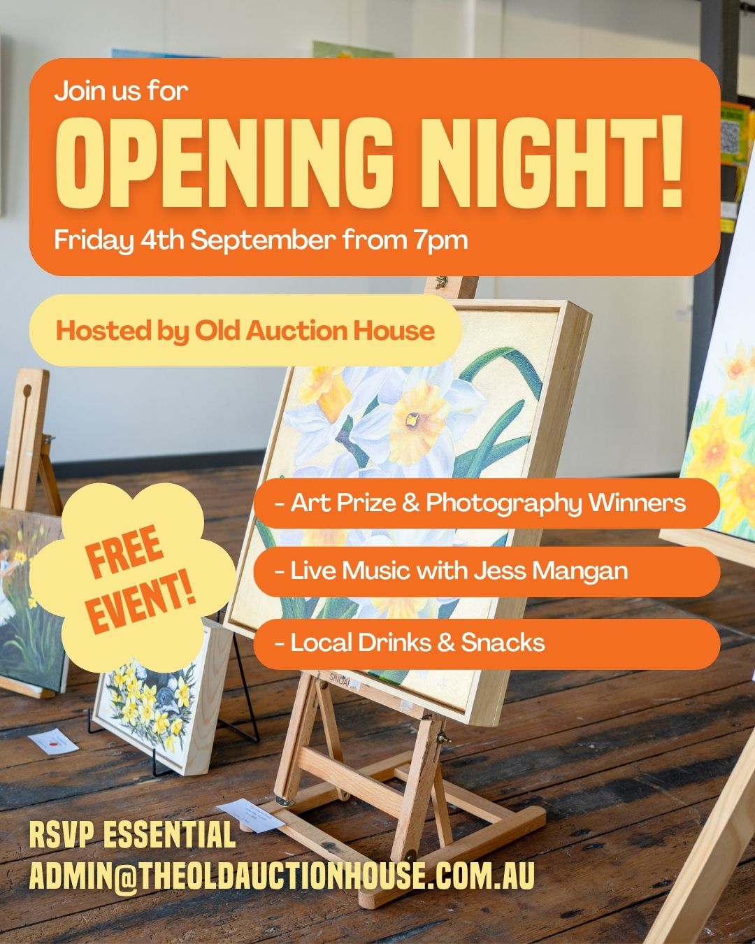 Join us for a lovely evening at the Kyneton Daffodil and Arts Festival’s grand opening on Friday, September 4th, at @theoldauctionhouse. Free event, everybody welcome.
We will kick off the festival with a presentation of the esteemed royal family, sure to add a touch of regal charm to the festivities. The talents behind the winners of the various Art Prize categories will be revealed!. This night promises to be a memorable celebration of art, culture, and community spirit.
🌼 Formal opening of the festival
🌼 Art Competition Opening
🌼 Awarding winners of Art Prize categories and Daffodil Prize
🌼 Daffodil Festival Window Competition winners
🌼 Live Music with @jessmanganmusic
--
The Kyneton Daffodil & Arts Festival
📍 4–13 September 2026
Supported by Major Sponsors @kynetononriverside
Visit our website to view all events and sponsors.