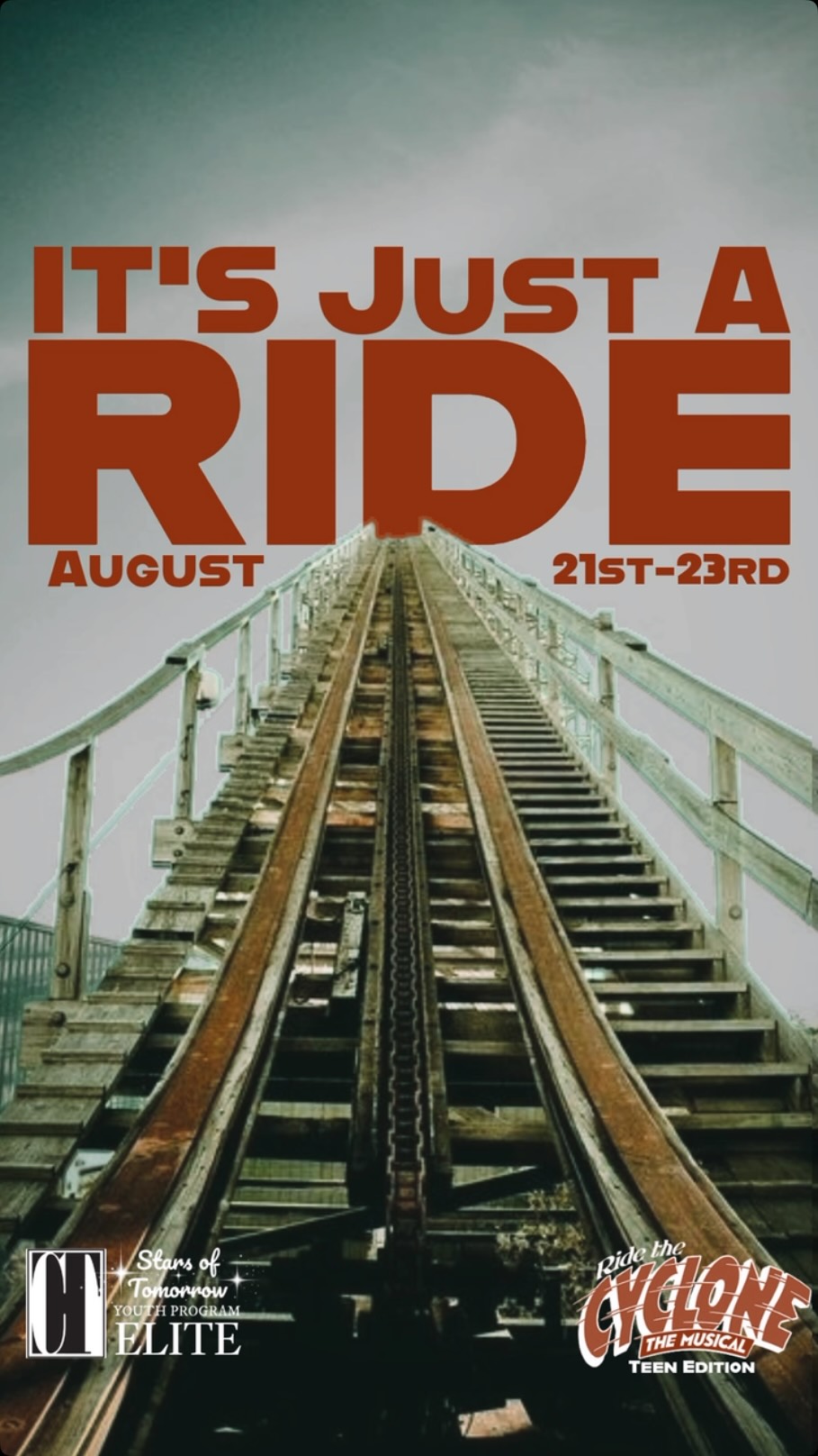 Six teenagers. One roller coaster. One unforgettable mystery.
Cumberland Theatre’s Stars of Tomorrow Elite Program presents Ride the Cyclone—a heartfelt, spooky, hilarious, and wonderfully unexpected musical that will keep you guessing until the very end.
August 21–23 • Tickets go on sale soon at cumberlandtheatre.com.
After all… It’s Just a Ride….Right?
#ridethecyclone #TeenMusical #LiveTheatre #DMVTheatre #MarylandTheatre