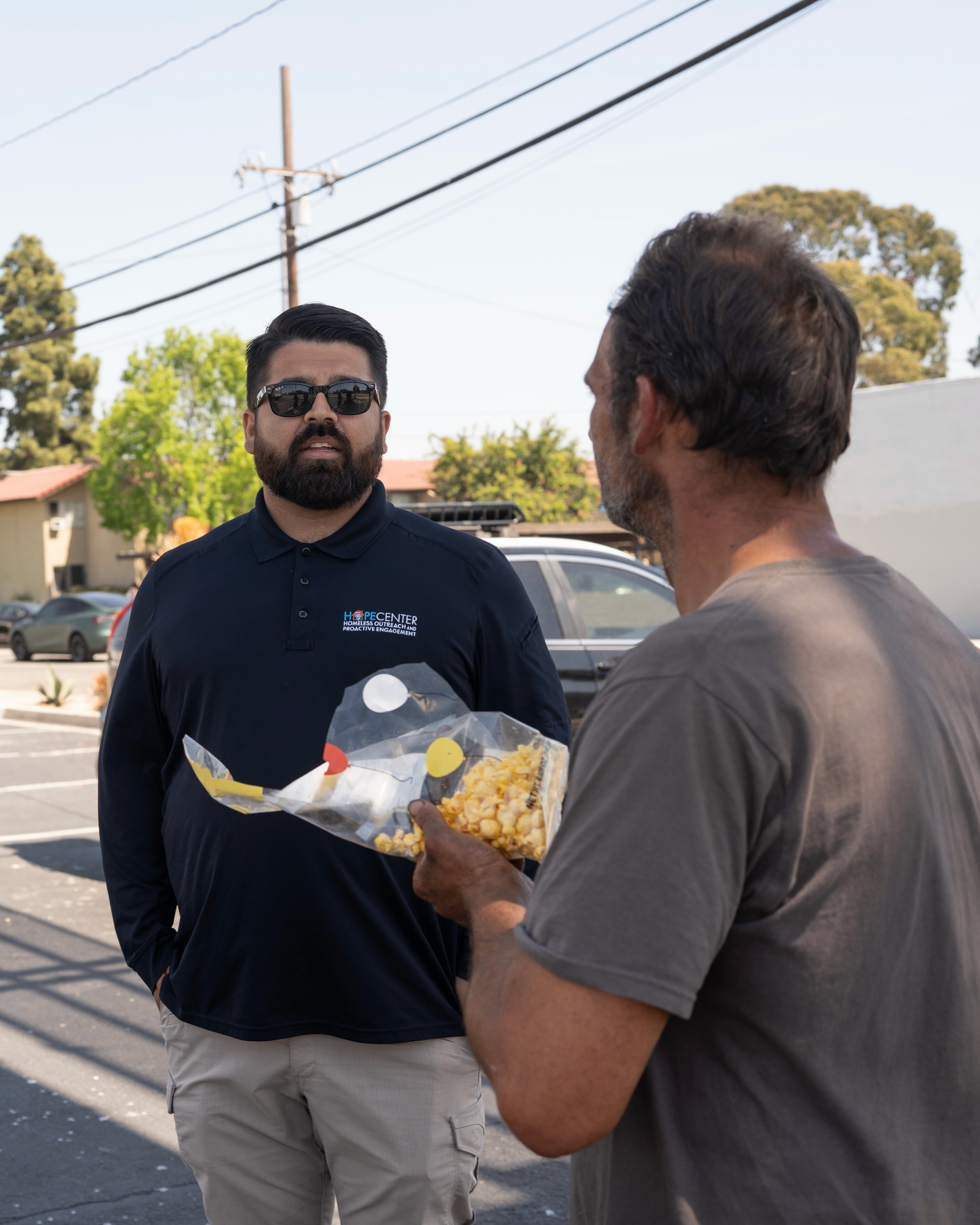 Outreach Coordinators Affi Janjua and Marcela Sanchez, alongside Lt. Michael Hines, met with community members experiencing homelessness to offer resources, build trust, and connect them with available services.
Know someone who may need non-emergency homeless services? Call the HOPE Center at 657-243-1884