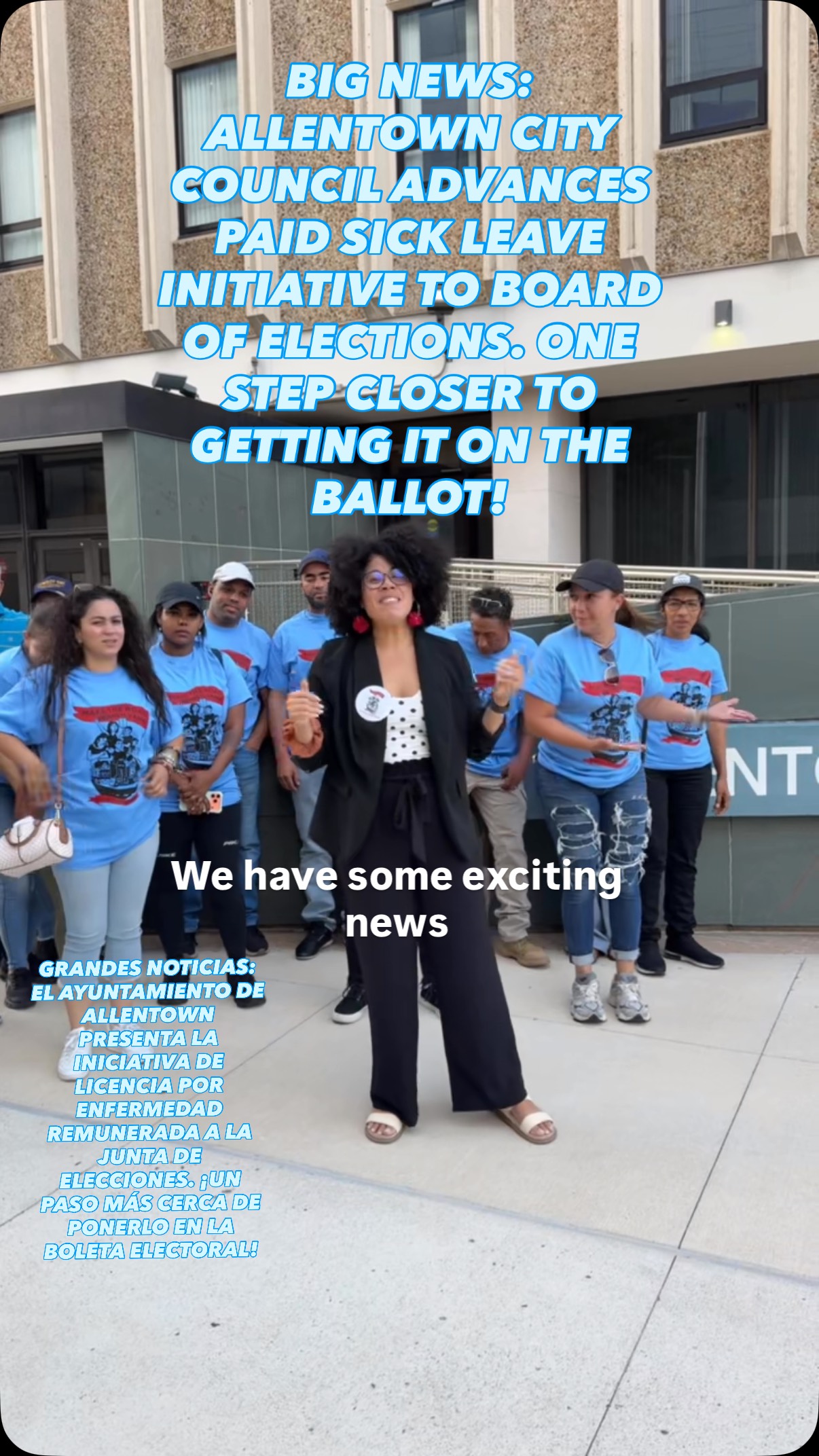 (video bilingüe - español abajo) BIG NEWS! Tonight, Allentown City Council voted to move a ballot initiative granting Paid Sick Leave to workers across the city to the Board of Elections. This puts us one step closer to getting the initiative on the ballot this November! Working families should never have to choose between their health, their families, and their paycheck - and this initiative will ensure that is no longer a reality.
ESPAÑOL: ¡GRAN NOTICIAS! Esta noche, el Ayuntamiento de Allentown votó para mover una iniciativa de votación que otorga licencia por enfermedad remunerada a los trabajadores de toda la ciudad a la Junta Electoral. ¡Esto nos pone un paso más cerca de tomar la iniciativa en la boleta electoral este noviembre! Las familias trabajadoras nunca deberían tener que elegir entre su salud, sus familias y su cheque de pago, y esta iniciativa garantizará que eso ya no sea una realidad. #allentown #paidsickleave