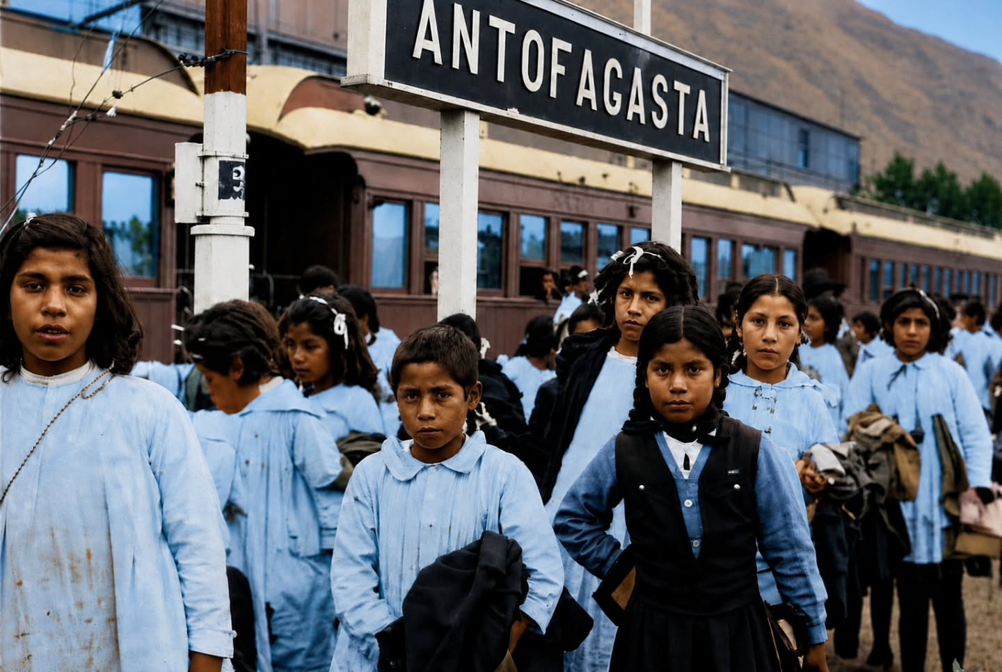 Publicación original de Imágenes Antiguas de Antofagasta: 1949. Grupo de niñas provenientes de las oficinas Pedro de Valdivia y María Elena, pertenecientes a las Aldeas Infantiles, llegando a Antofagasta por FFCC. Se alojaban en las dependencias de la Escuela de Aplicación.
#antofagasta