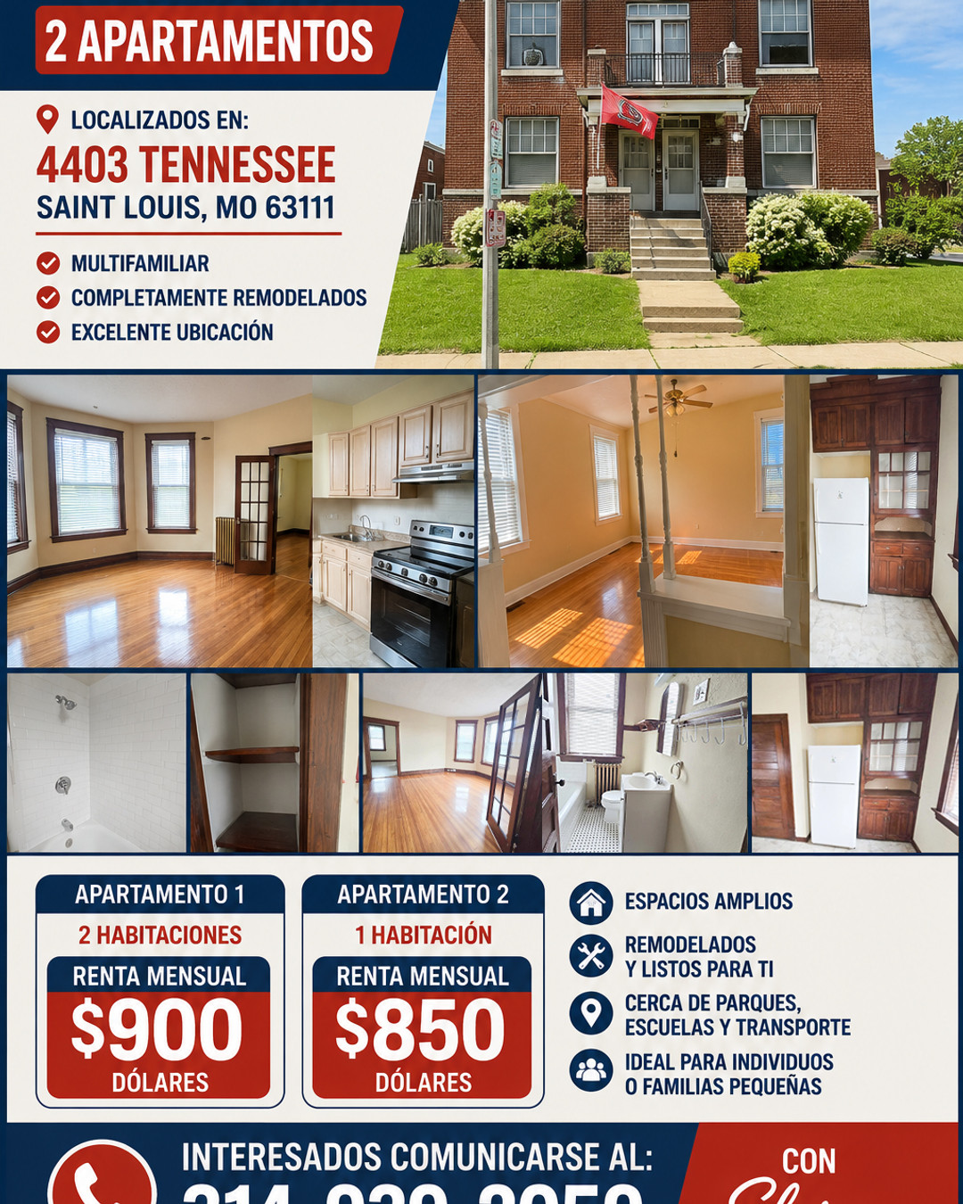 🏡 ¡Tenemos dos excelentes opciones para ti!
¿Buscas un apartamento cómodo, remodelado y a un excelente precio?
📍 4403 Tennessee St., Saint Louis, MO 63111
✨ Edificio multifamiliar completamente remodelado
Elige la opción que mejor se adapte a tus necesidades:
🛏️ Apartamento de 2 habitaciones
💵 Solo $900 al mes
🛏️ Apartamento de 1 habitación
💵 Solo $850 al mes
✅ Espacios renovados
✅ Excelente ubicación
✅ Listos para habitar
📞 ¡Agenda tu visita hoy mismo!
Comunícate con Elvira al 314-939-2059.
🏠 No dejes pasar esta oportunidad. ¡Tu próximo hogar te está esperando!