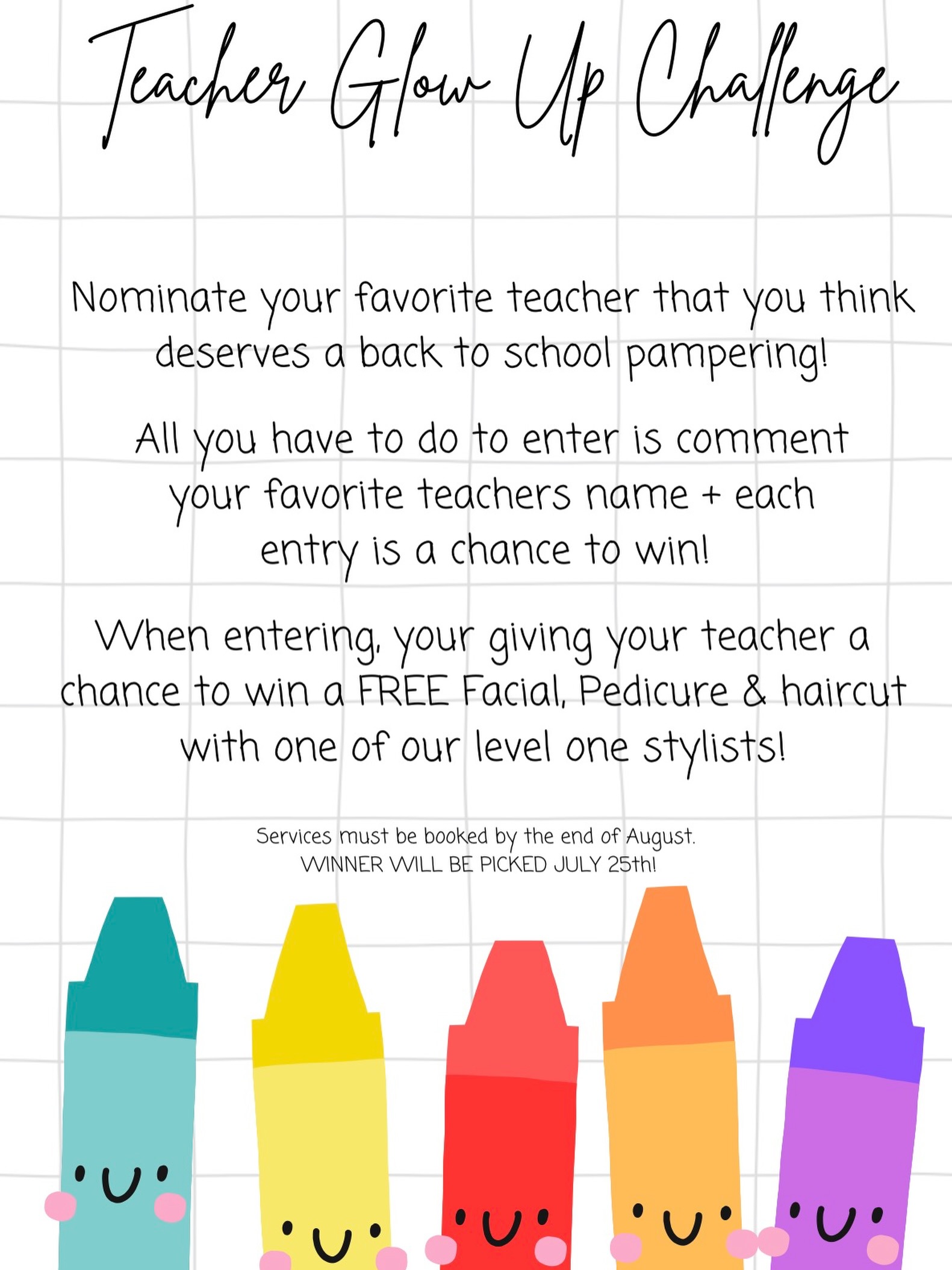 ✨ Teacher Glow Up Challenge ✨📚🍎
Our teachers deserve a little extra love before heading back into the classroom! 💚
Nominate your favorite teacher by commenting their name below for a chance to win them a Back to School Pampering Package ✨
One lucky teacher will receive a FREE pedicure, facial & haircut with one of our Level 1 Stylists to relax, refresh, and feel their best before the new school year begins! 💆🏼♀️✂️
🍎 Comment your favorite teacher’s name to enter them!
✨ Winner will be announced July 25th
📅 Prize must be booked and completed by the end of August
Tag + comment a teacher who makes a difference — let’s show them how appreciated they are! 💛📚