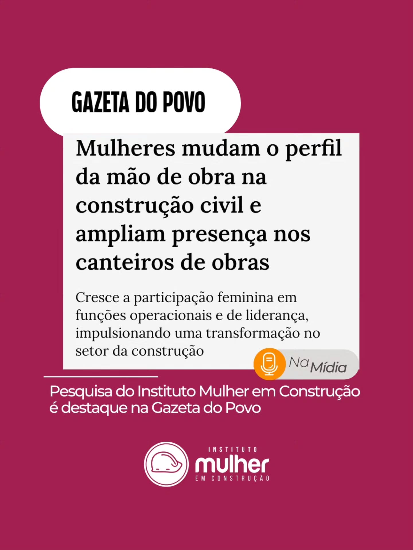 O Instituto Mulher em Construção foi destaque na @gazetadopovo em uma reportagem sobre o crescimento da participação feminina na construção civil.
A matéria traz dados da nossa pesquisa, que revela não apenas o avanço das mulheres no setor, mas também os desafios que ainda precisam ser enfrentados para garantir permanência, respeito e oportunidades.
Ver nossa pesquisa sendo utilizada como referência reforça a importância de produzir conhecimento baseado em evidências para transformar políticas, empresas e a realidade de milhares de mulheres.
📊 Quer conhecer a pesquisa completa? Ela está disponível no nosso site www.mulheremconstrucao.org.br ou pode ser acessada pelo link na nossa bio.