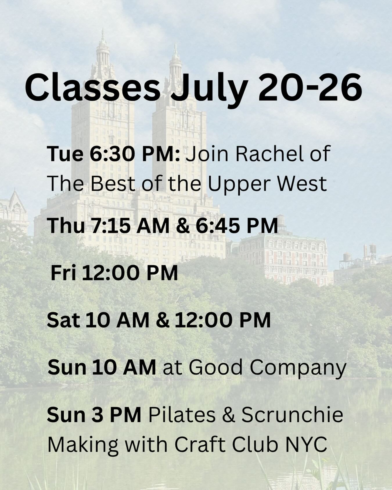 Check out this week’s schedule including special collaborations:
Thu: 7:15 AM & 6:45 PM
Fri: 12:00 PM
Sat: 10:00 AM & 12:00 PM
Sun:
10 AM Join @goodcompanyshop.nyc’s official opening weekend!
3-5 PM Pilates & Scrunchie Making We’re teaming up with @craftclubnyc for a sunny afternoon craft workshop and mat workout. We’ll start with a beginner-friendly Pilates class, then we’ll socialize while doing some equally easy scrunchie making. In between sessions, we’ll have a glow reset with Midday Glow Reset Mist provided by @daezls . And of course we’ll have snacks!
No experience needed for either half, just show up ready to stretch and stitch. All guidance and craft supplies provided.
Weather reschedule date: Sunday, August 2.
Tickets $45
🔗All classes can be booked at the link in bio