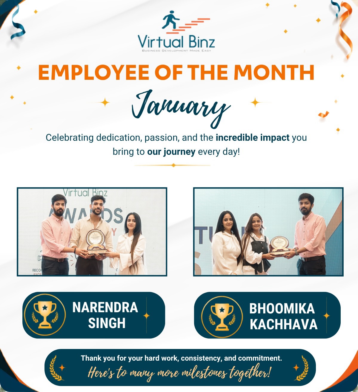 🎉 Congratulations to all our Employee of the Month winners from January to June! 🏆
Your dedication, hard work, and commitment have played a vital role in our success. Each one of you has set an inspiring example through your passion, consistency, and excellence.
Thank you for making a difference every day. Here’s to celebrating your achievements and reaching many more milestones together! 🌟
#EmployeeOfTheMonth #JanuaryToJune #Congratulations #virtualbinz #lifeatvbz
