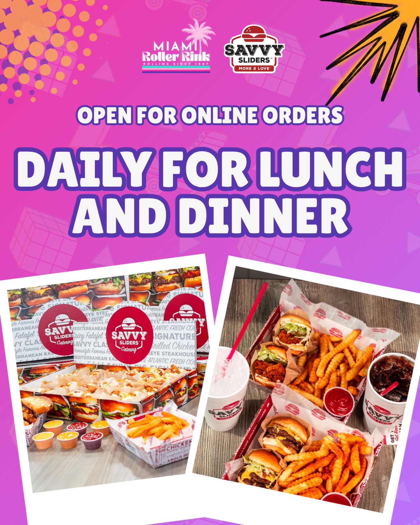 🔥SLIDE through every weekday for Lunch and Dinner! 🛼🍔
Order your go-to slider combo, chicken fingers or family boxes for PICK UP all week long between 11 AM - 10 PM.
Order ahead, skip the wait, and make lunch or dinner plans easier! (No rolling be necessary.)
Click the link in bio or SLIDE into our DMs for more info!
#miamirollerrink #savvysliders #miamieats #hotwheels