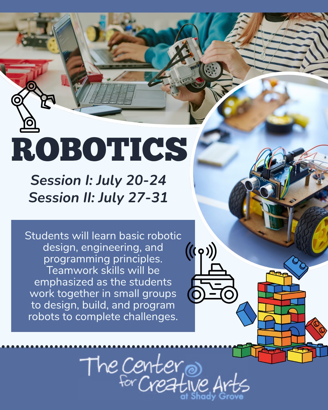 This week starts Session I of our Robotics Camp!
Center Robotics camps are taught by Ellen O'Leary, and Cheryl Kaplan, mentors of the amazing Blue Cheese Robotics Team from Deep Run, and The Mech Tech Dragons from Maggie Walker. Team members join our camps as youth counselors. Last year both teams competed in Houston at the 2025 First Robotics Competition World Championships where the Blue Cheese Team won the prestigious Judges Award, and The Mech Tech Dragons were Division Finalists and lost to the eventual winner of the event. The Maggie Walker team ended this season ranked 14th in the world! We are so proud of these teams, and grateful for their dedication to sharing their passion for Robotics at The Center!