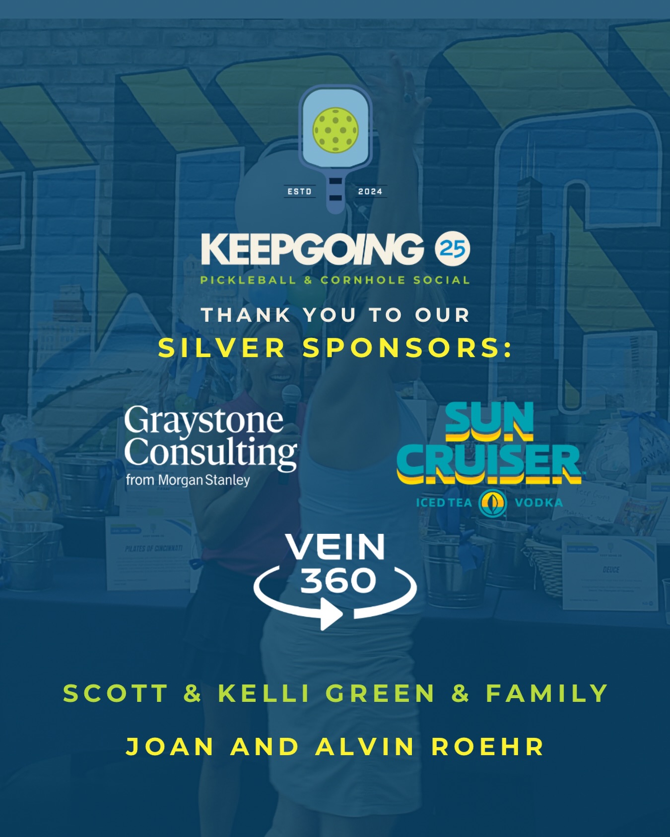 Behind every great event is a group of partners who step up to make it possible 👏
We’re proud to recognize our Silver Sponsors for the 2026 KG25 Pickleball & Cornhole Social.
Please join us in thanking:
Graystone Consulting Cincinnati / Morgan Stanley
Vein 360
Scott & Kelli Green & Family
Joan & Alvin Roehr
& our Beverage Sponsor - @drinksuncruiser
We’re grateful to have each of you as part of the KG25 family and can’t wait to celebrate together this weekend! 🙌