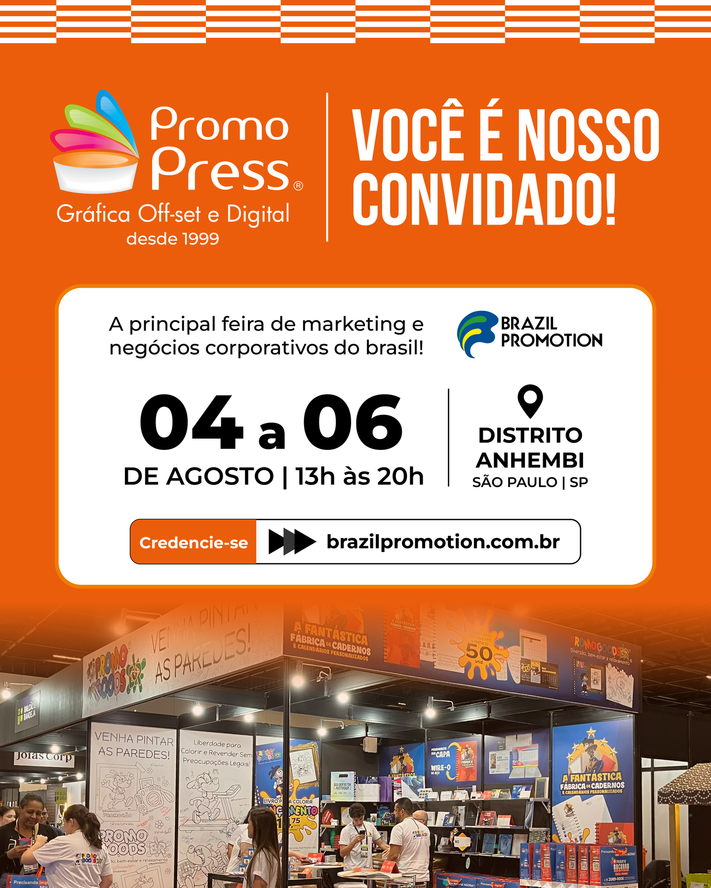 🚨 A contagem regressiva começou!
De 04 a 06 de agosto, a Promopress estará na Brazil Promotion, o maior evento de marketing promocional e negócios corporativos do Brasil.
Passe pelo nosso stand para conhecer nossos materiais personalizados e descobrir como podemos transformar as suas ideias em realidade!
📆 04, 05 e 06 de agosto
⏰ 13h às 20h
📍 Distrito Anhembi – São Paulo/SP
#brazilpromotion #brazilpromotion2026 #EventosCorporativos #promopress #eventoscorporativos #networking #parcerias #inovação #feiras #brindespersonalizados #Promopress #graficasp #graficadigital #graficaoffset #impressaodigital #impressao #grafica