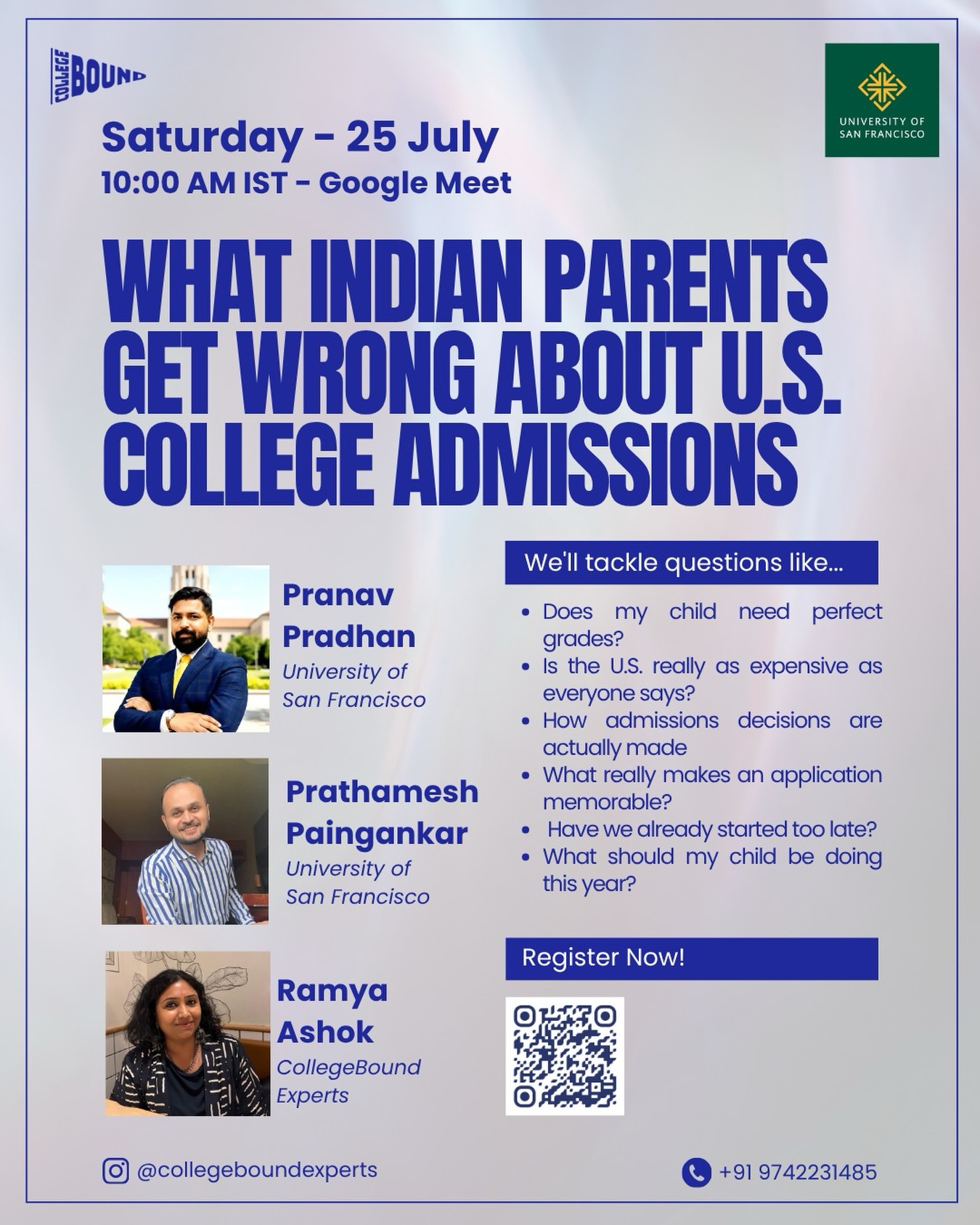 This Saturday, two senior admissions officers from @usfca and I are going to get a little chatty about U.S. college admissions and we’re not holding back.
Perfect grades? Cost? When to start? Whether Indian students are at a disadvantage? All of it is on the table.
Free. Online. Open Q&A. Come as you are, bring your questions.
🗓️ 25 July | 10:00 AM IST | Google Meet
🔗 Register — link in bio
@usfca_admission @pranavusf @varanbhatanitup @ramyaashok
#USCollegeAdmissions #IndianParents #CollegeBoundExperts #UniversityOfSanFrancisco #StudyInUSA CollegeCounseling