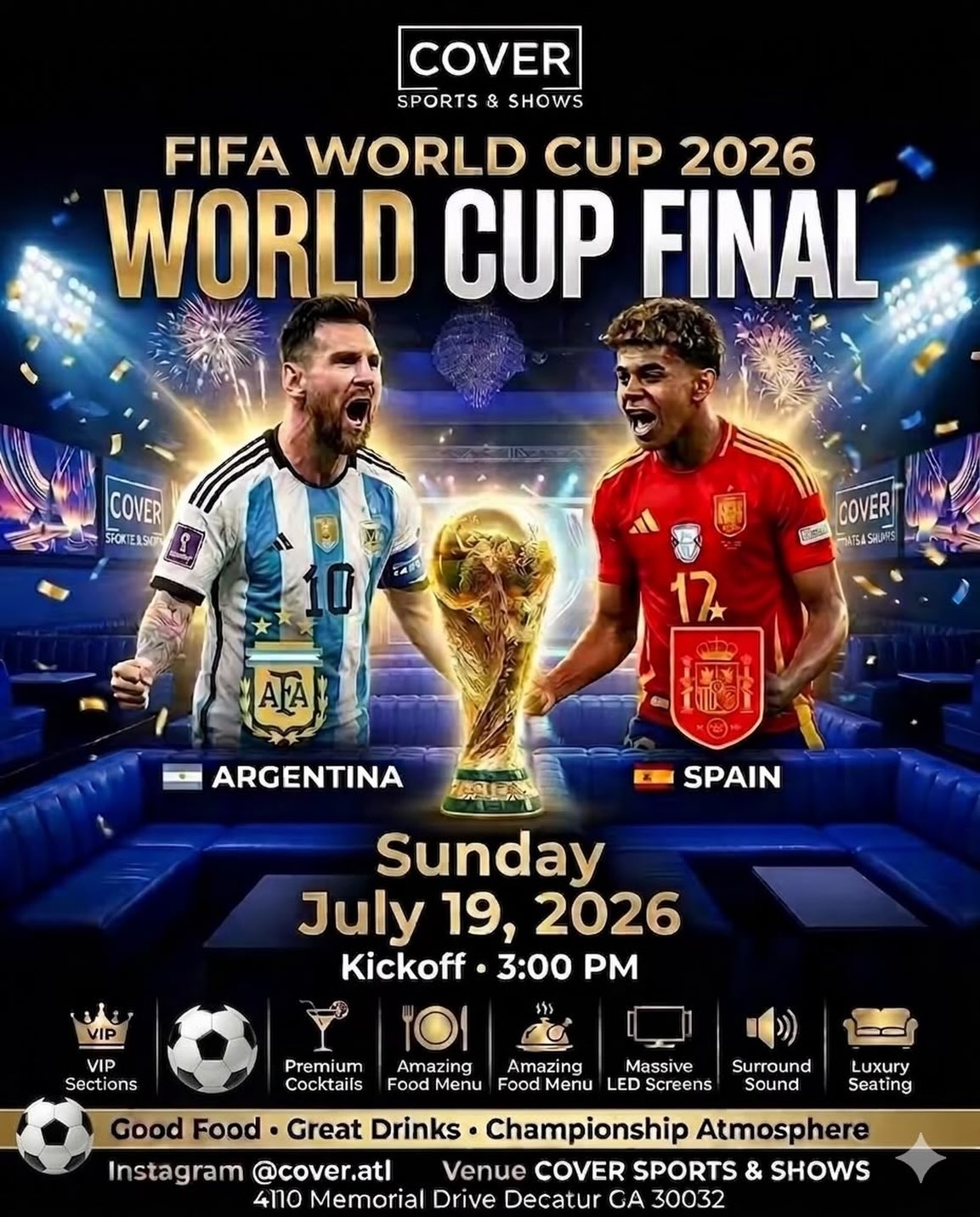 Pull up @cover.atl today for the best World Cup final watch party in Atlanta ๐ฅ Pull up, bring your crew and come kick back and watch the Argentina vs Spain game with us! Donโt miss out!
โจWeโre open from 5PM todayโผ๏ธ
๐ 4110 Memorial Drive, Decatur, GA
#LuxurySportsLounge #DecaturEats #AtlantaSports #ATLEats #ThingsToDoInAtlanta