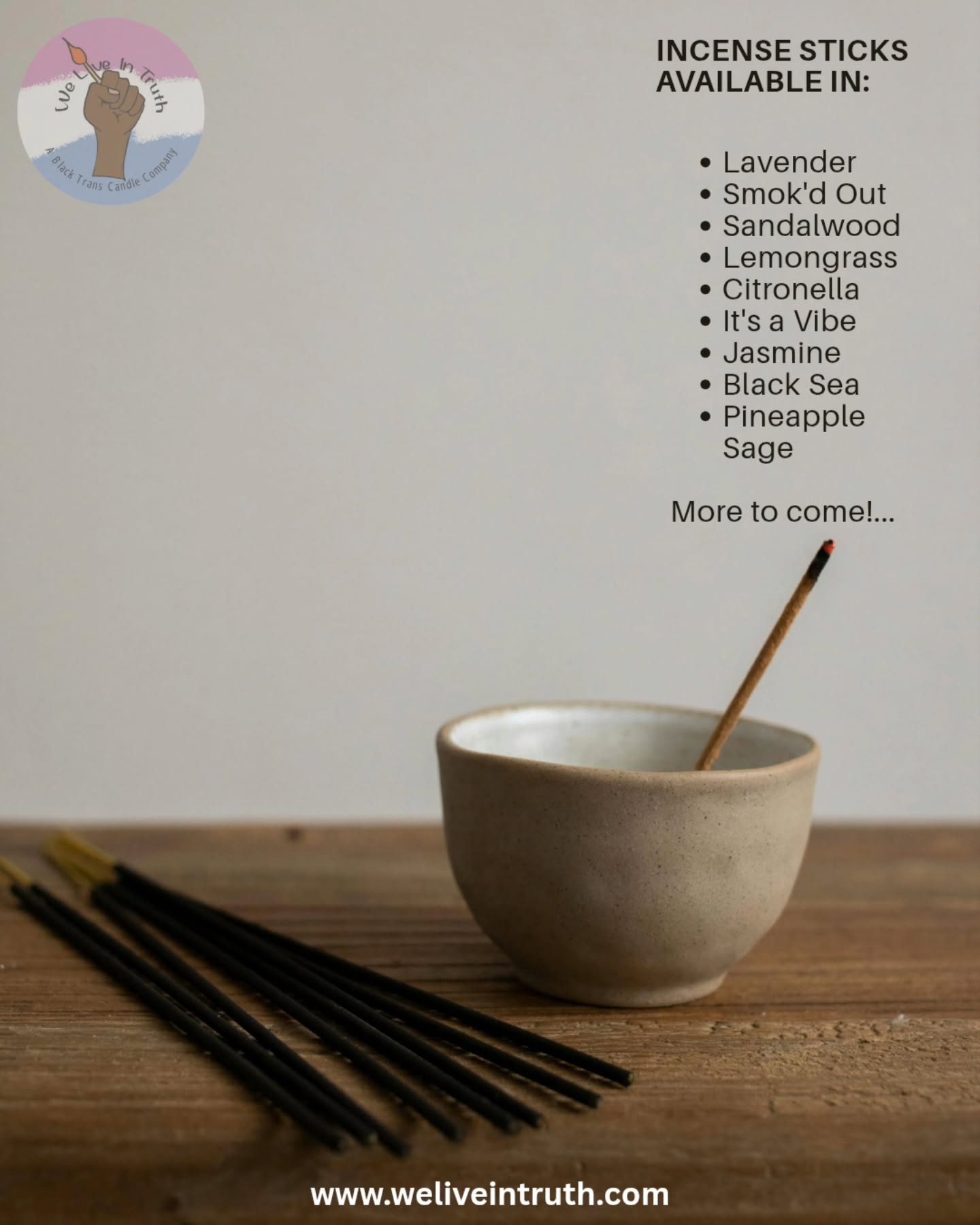 NEW SCENT AVAILABLE!
Handmade incense to fill up your home and your spirit.
We now have a larger variety of Incense and more to come!
Check out our website!
Slide right to see a Testimonal of our incense. Our products speak for itself. ❣️